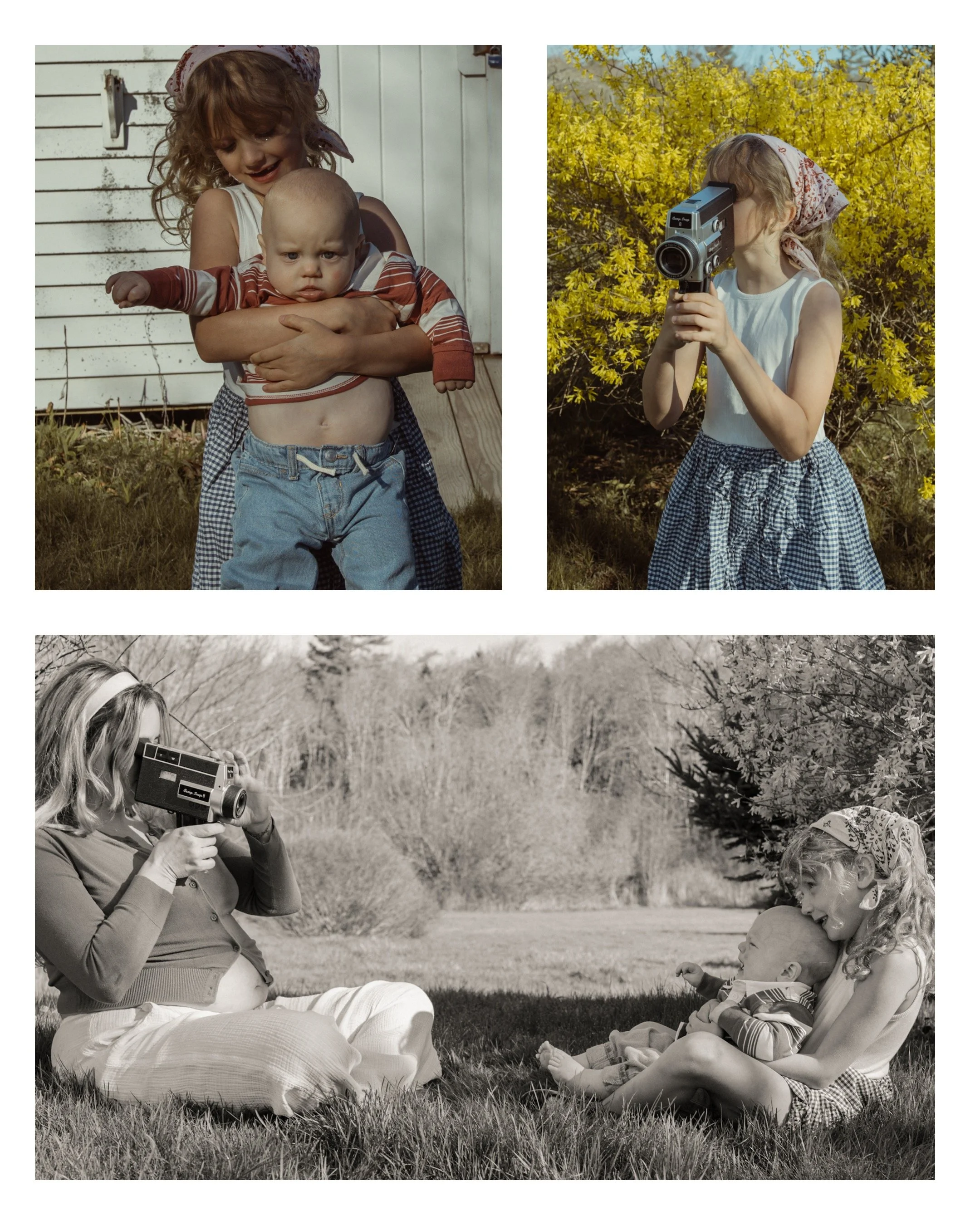 A girl with curly hair and a bandana is sitting on the grass outdoors, holding a baby with a disgusted or serious expression. She leans on her knee while the baby looks straight ahead. They are surrounded by trees and grass. The photo is in black and