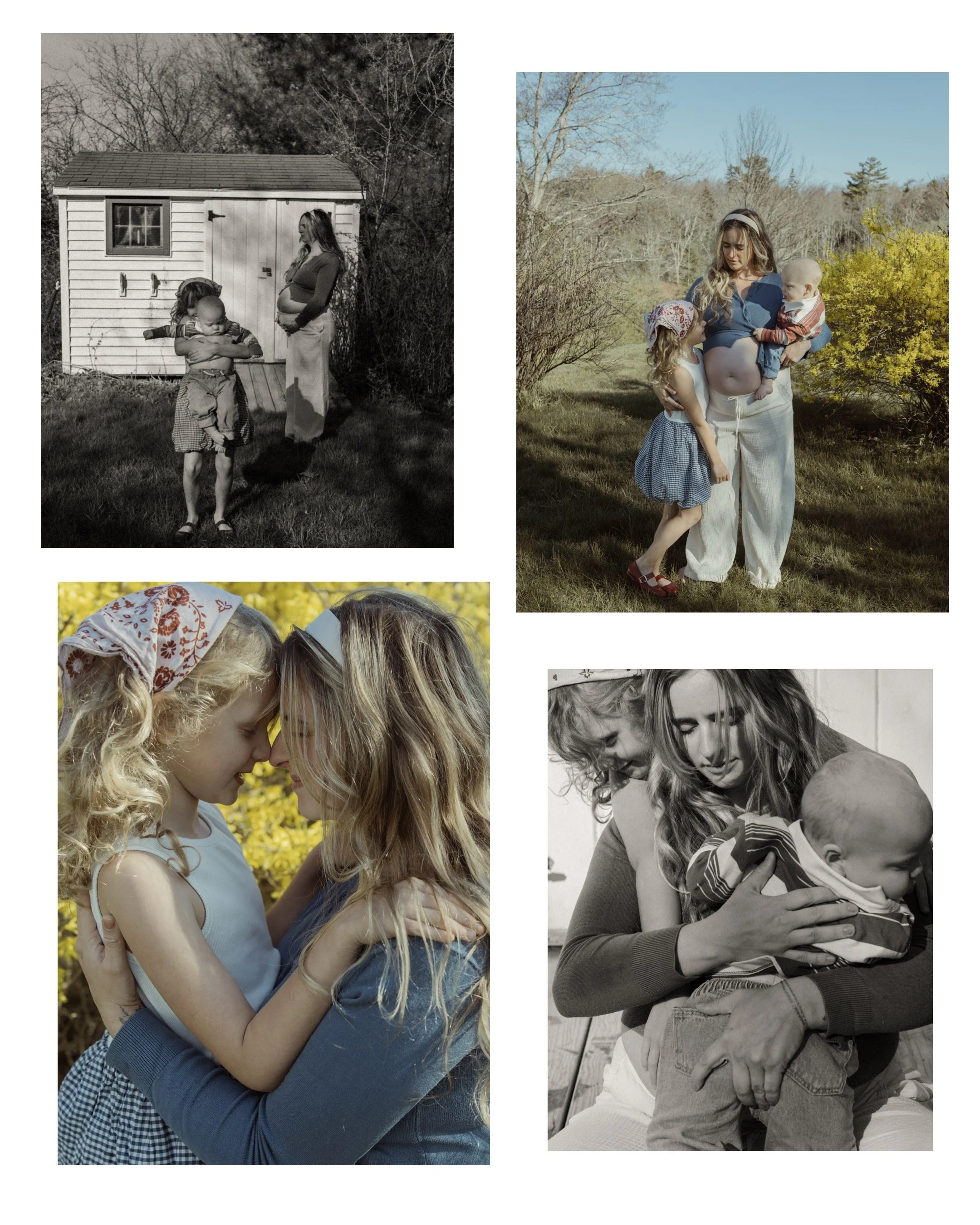A family scene with a pregnant woman and two young children. In the first photo, black and white, the children are hugging the woman outdoors near a shed. In the second photo, color, the woman is holding one child, while the other child stands close 