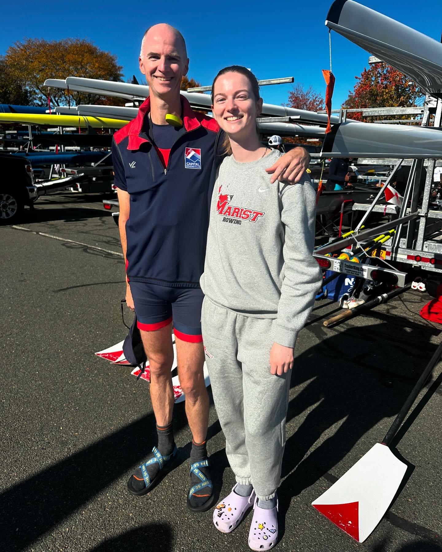 Rowing is a family affair! Comp Men&rsquo;s Sweep Rower Jamie Nelson and his daughter Amelia, @capital.juniors.rowing alum and current @maristwomensrowing athlete reuniting in the FALS (Finish Area Launch Site) trailer area at @hocr1965