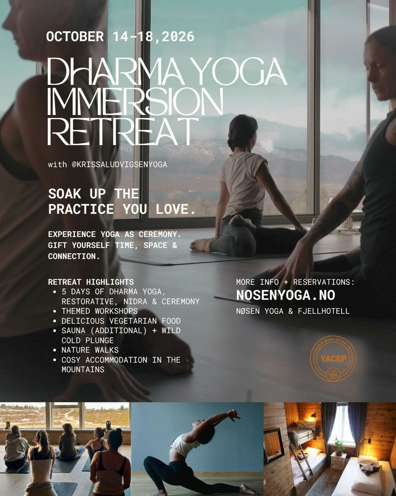 🙋🏽&zwj;♀️ Exactly 6 months from now &mdash; YOU. ME. Up in the mountains @nosenyoga again for 5 days of Dharma Yoga, Ceremony, Nature &amp; Community. You in?? 😍

Dharma Yoga Immersion Retreat at N&oslash;sen Fjellhotell
A Journey into Sacred Prac