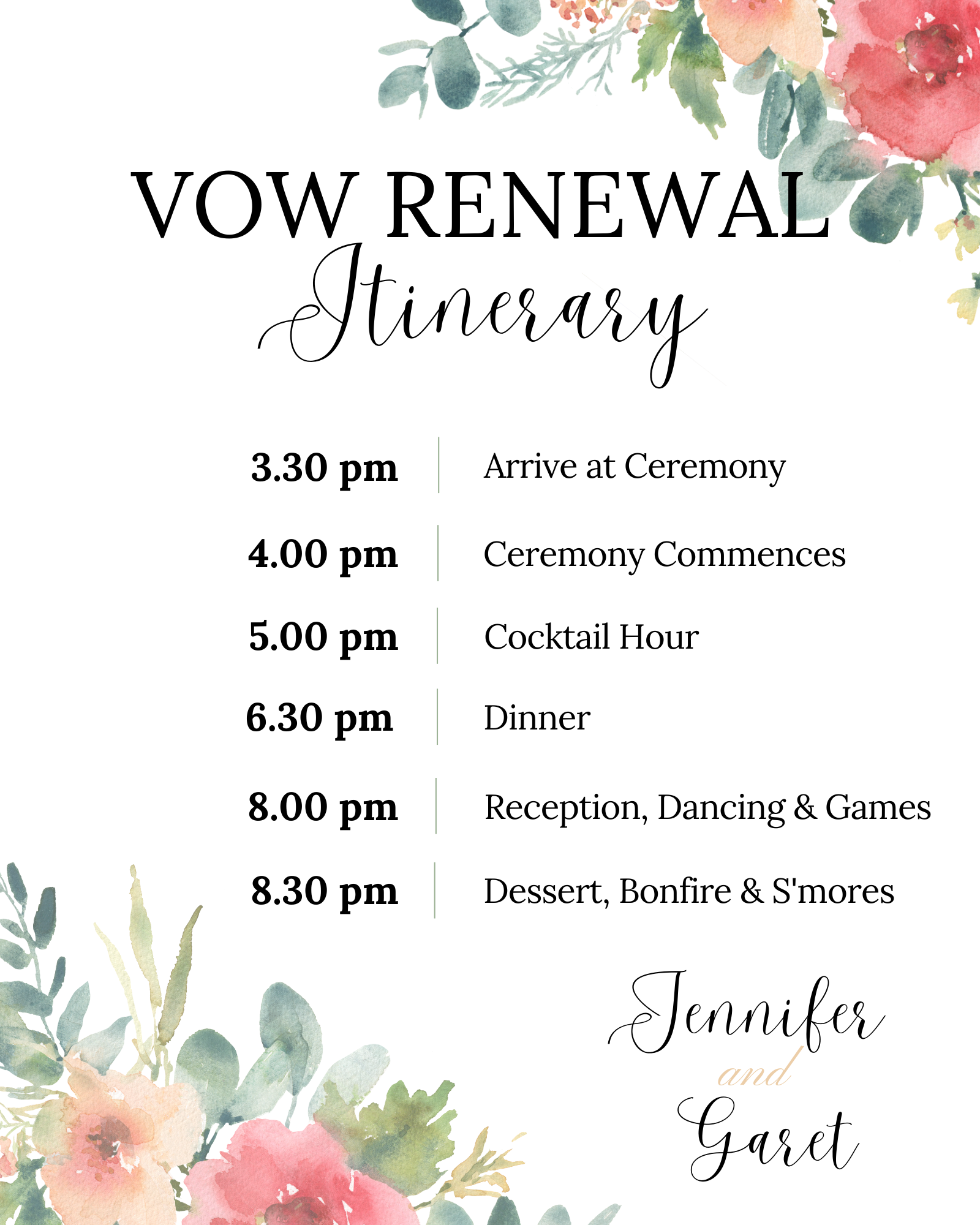 Vow Renewal Itinerary
