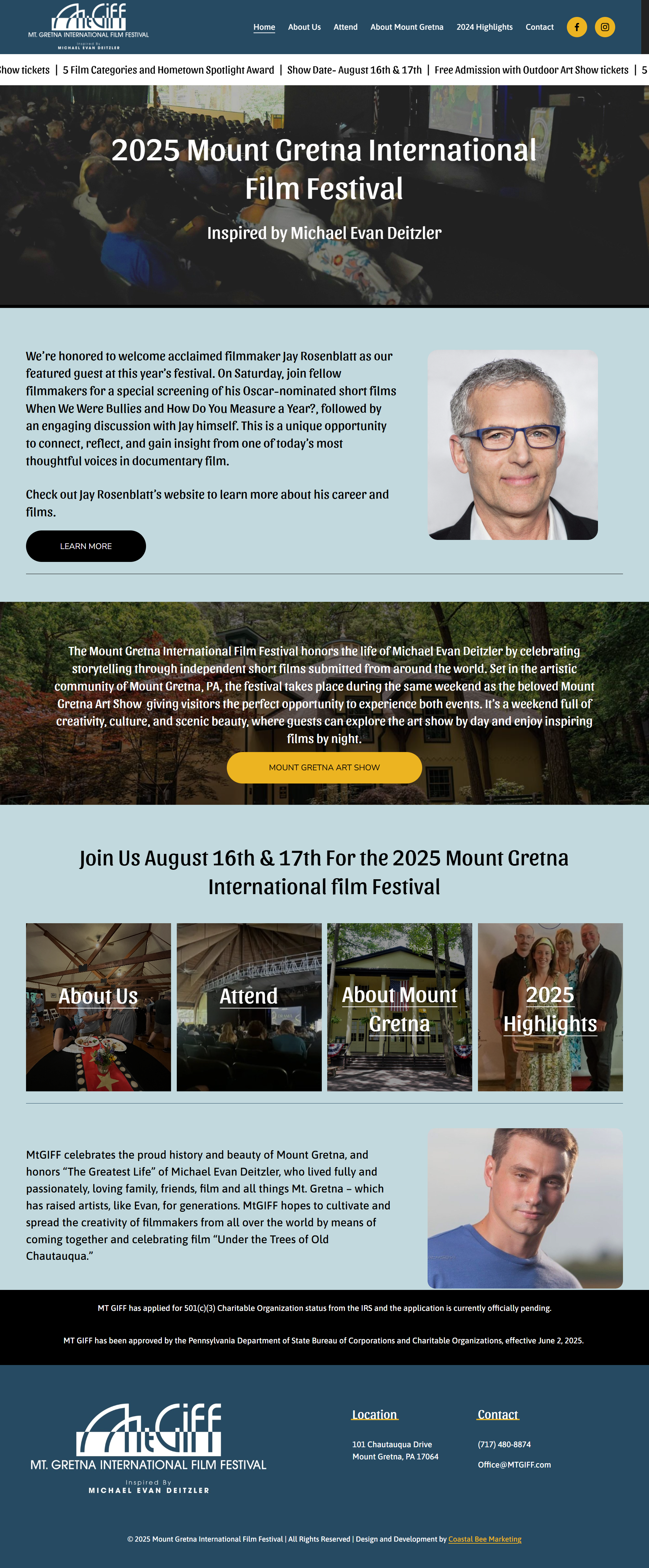 Website homepage of the 2025 Mount Gretna International Film Festival with sections about the event, featured guest Jay Rosenblatt, event schedule, and options to learn more about the festival, attend, and explore Mount Gretna.
