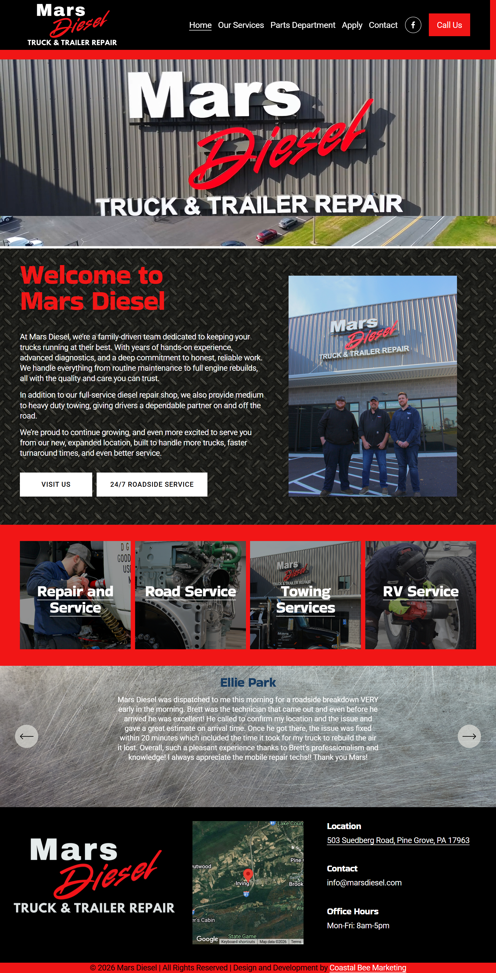 Screenshot of the Mars Diesel Truck & Trailer Repair website homepage featuring company information, services, a photo of staff outside the repair shop, and a customer testimonial.