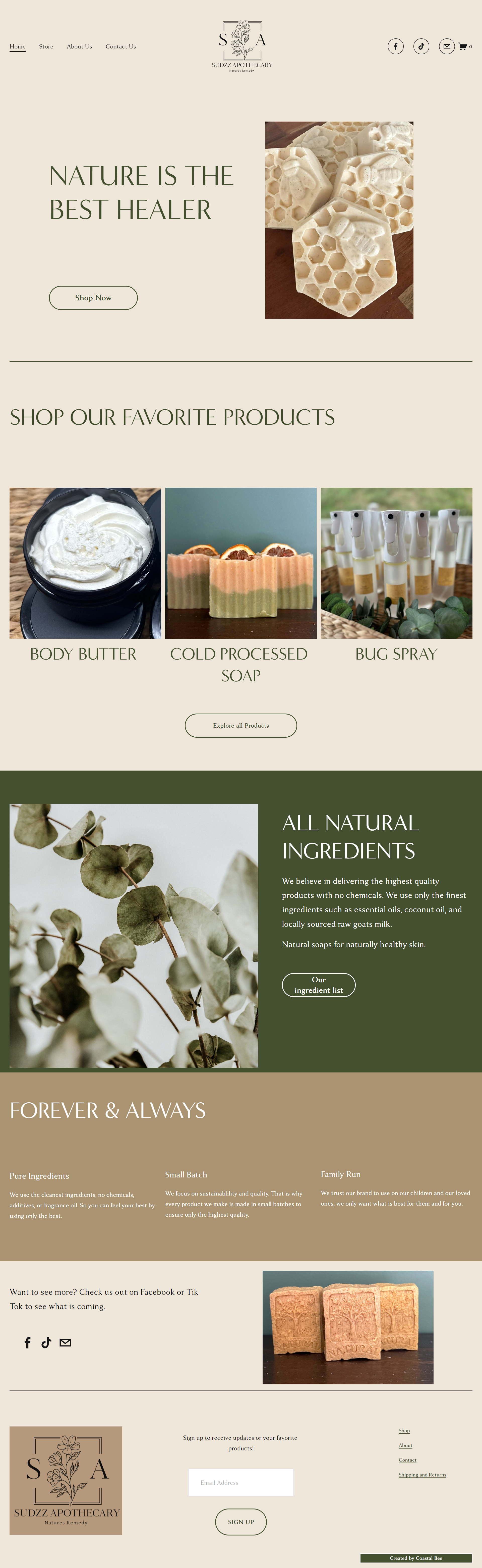 An website homepage for Sudzz Apothecary featuring natural skincare and soap products, with sections for product images, ingredients, and company philosophy.