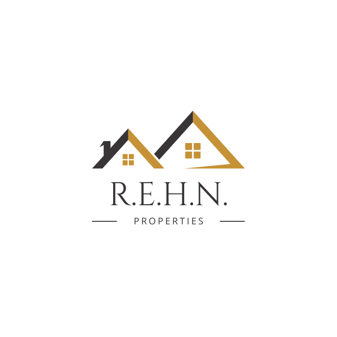 Logo for R.E.H.N. Properties featuring stylized houses with black and gold roofs and windows, with the company name underneath.