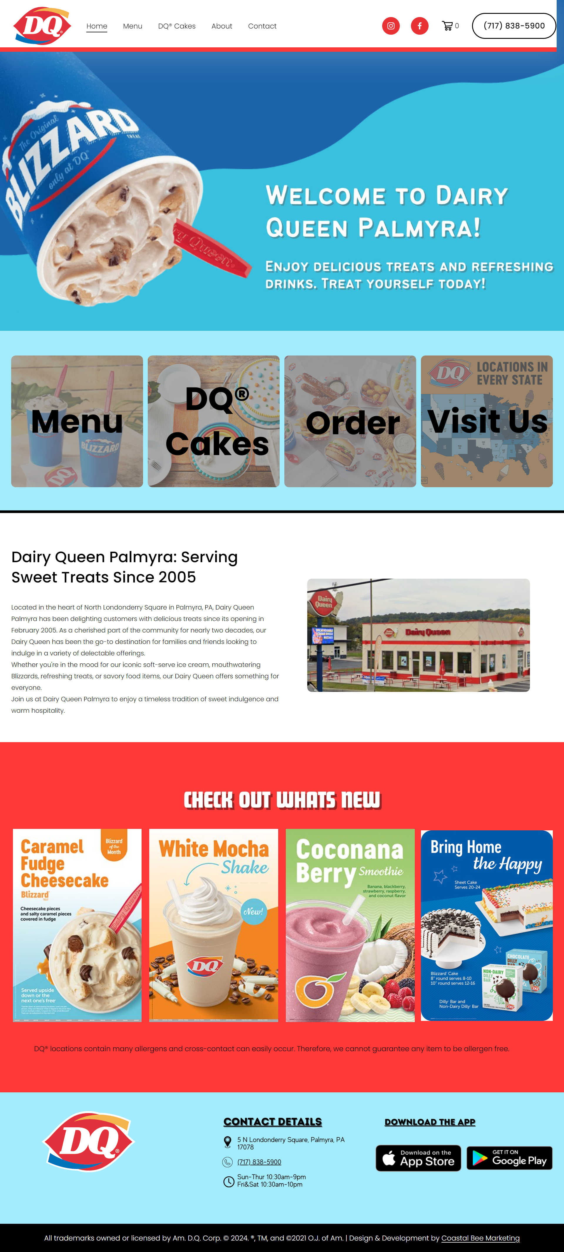 DQ Blizzard Blizzard Ice Cream Cup with Nuts, red Dairy Queen spoon, Blue background, Dairy Queen branding, website homepage for Dairy Queen Palmyra.