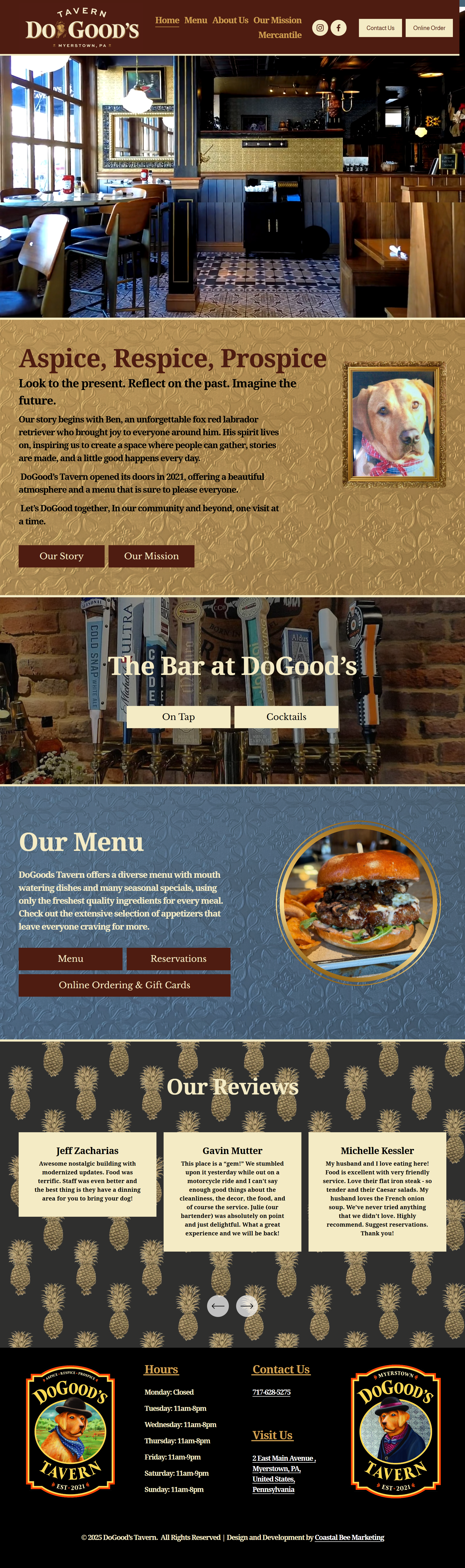 Homepage of DoGood's Tavern website featuring an interior view of the bar, an introduction with a picture of a dog, menu options, and customer reviews.