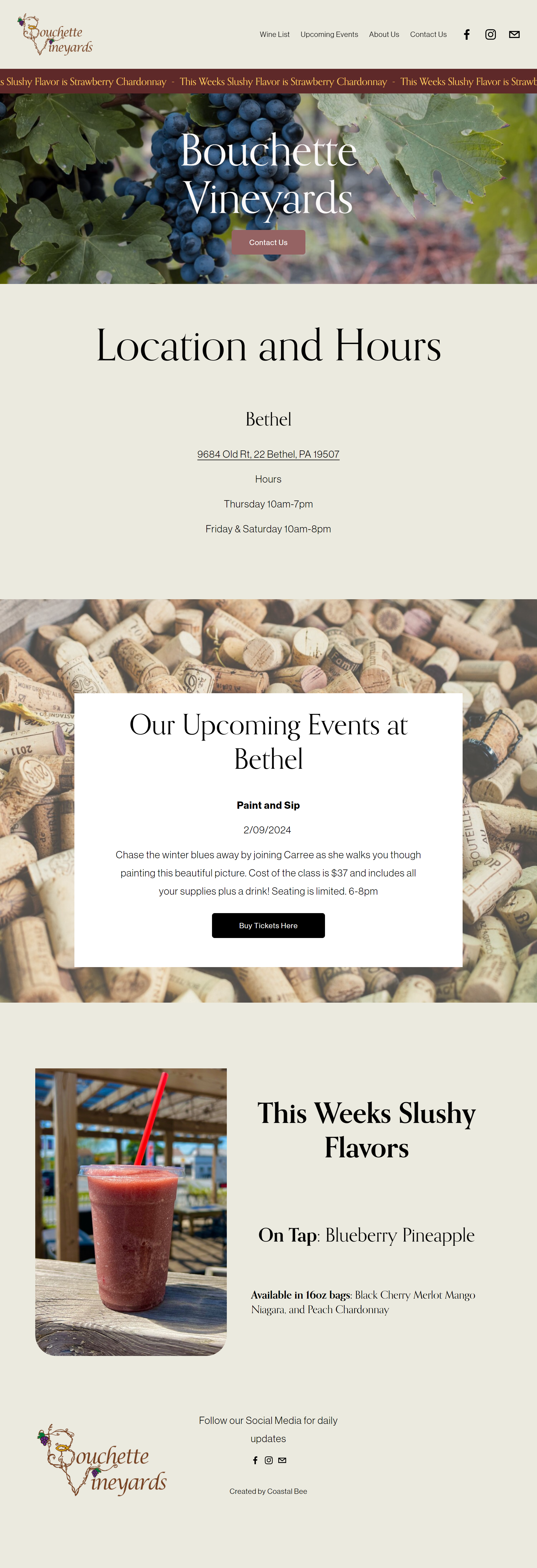 Webpage for Bouchette Vineyards with images of grapevines and wine corks, featuring event details and a blueberry pineapple slushy drink.