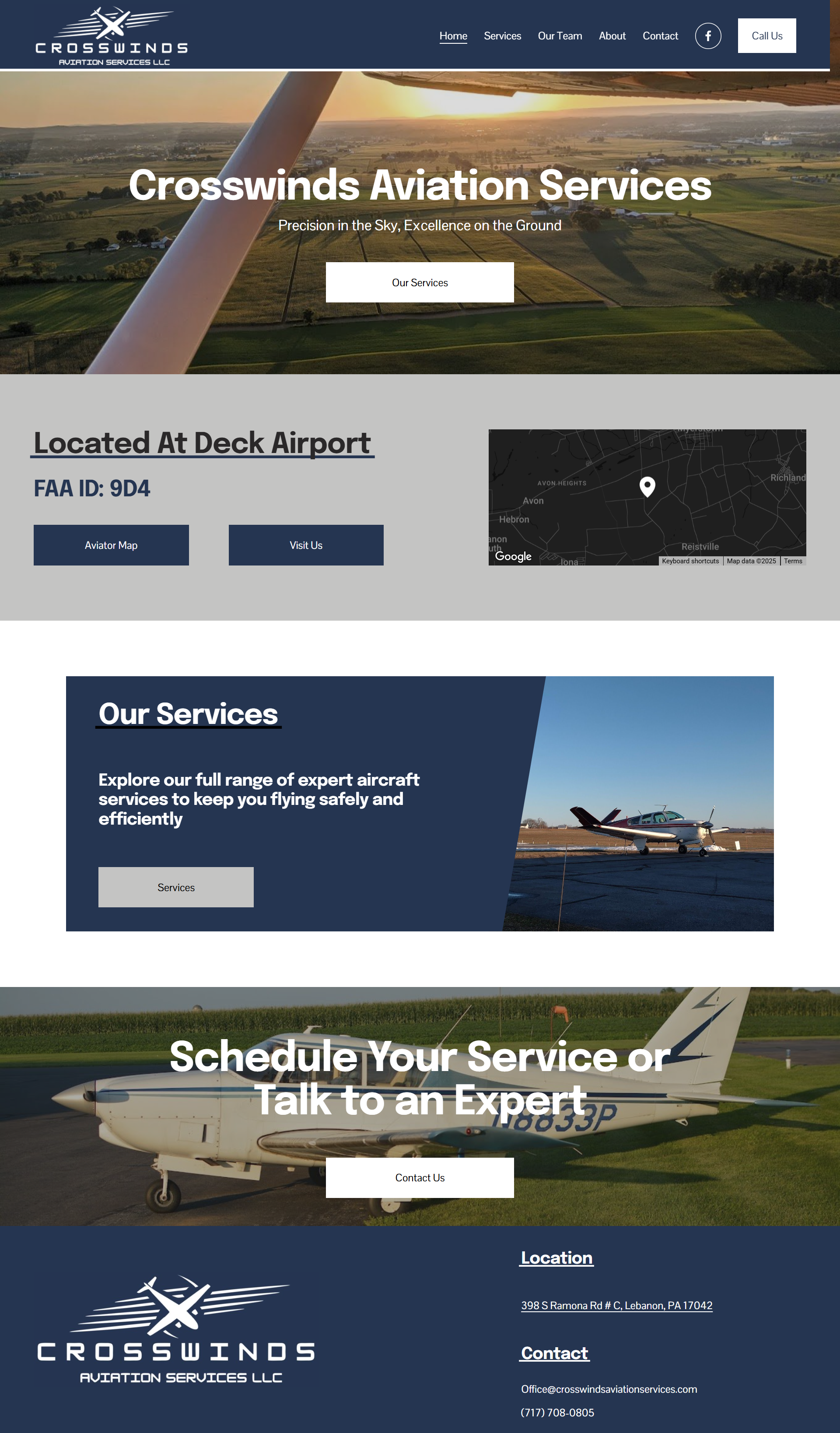 Website homepage for Crosswinds Aviation Services LLC featuring aerial and ground images of aircraft and airport, with navigation menu, contact info, and service options.