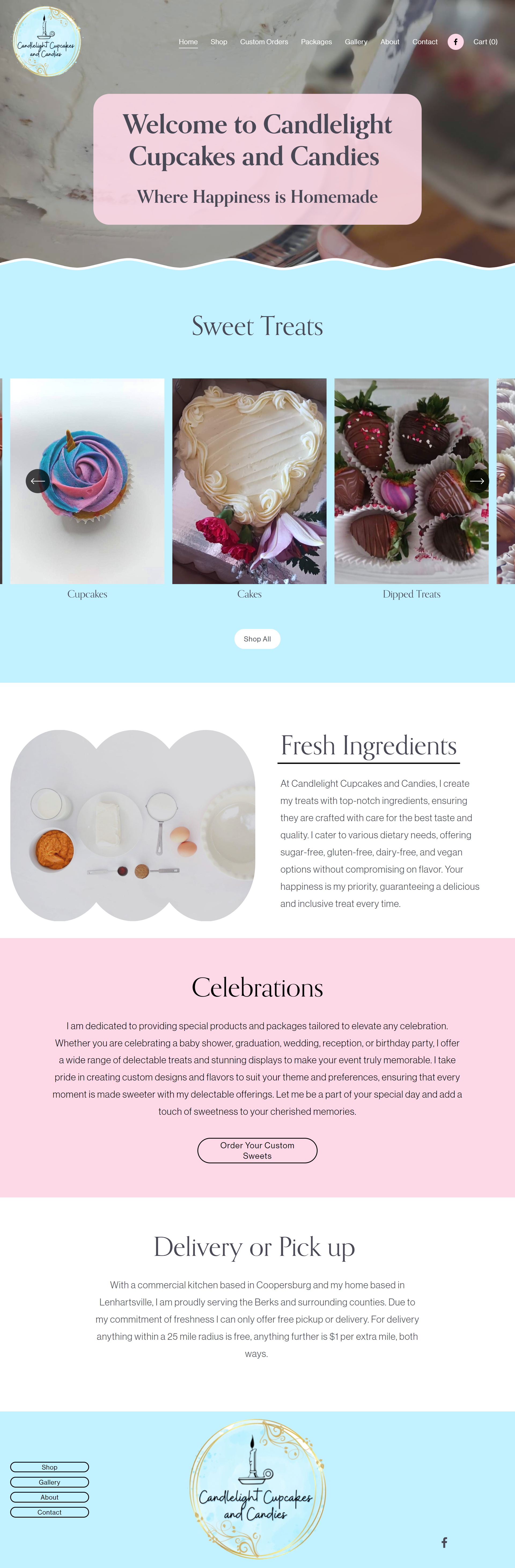 Website homepage for Candlelight Cupcakes and Candies featuring sweet treats including cupcakes, a cake, and dipped chocolates, with sections on ingredients, celebrations, and delivery options.