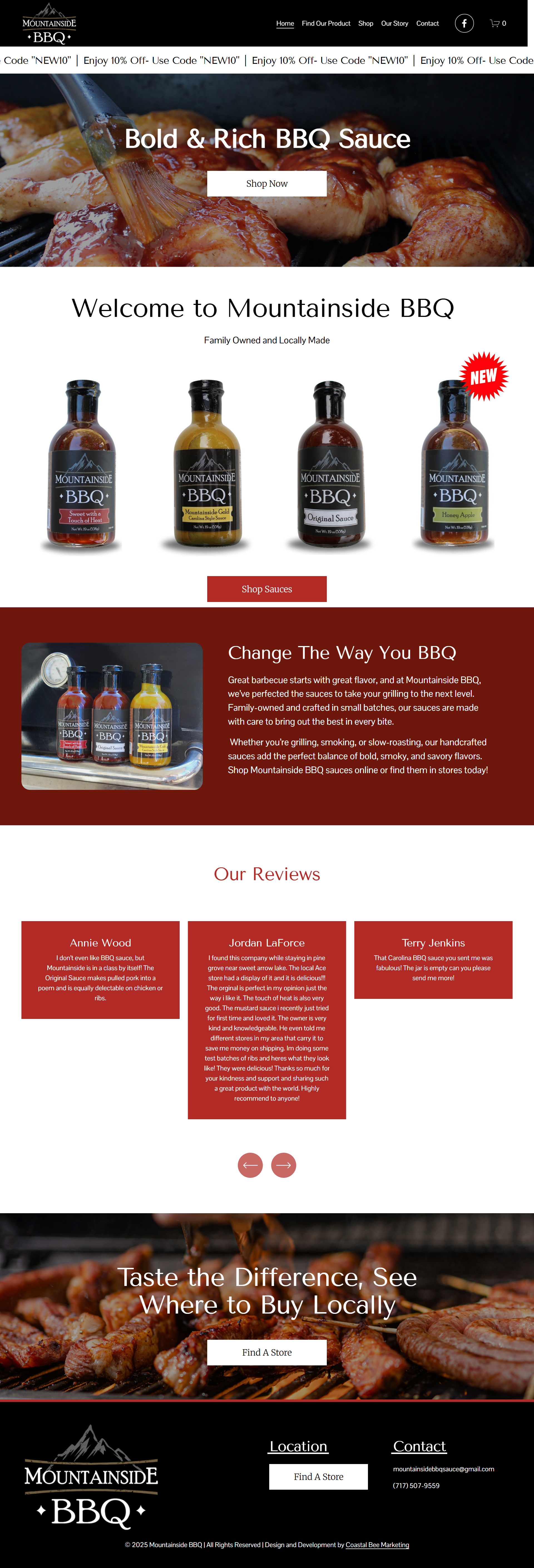 Homepage of Mountainside BBQ website featuring a headline about bold and rich BBQ sauce, images of four different BBQ sauces in bottles, a promotional section encouraging to change the way you BBQ, customer reviews, and a call to find local stores with a background image of grilled meat.