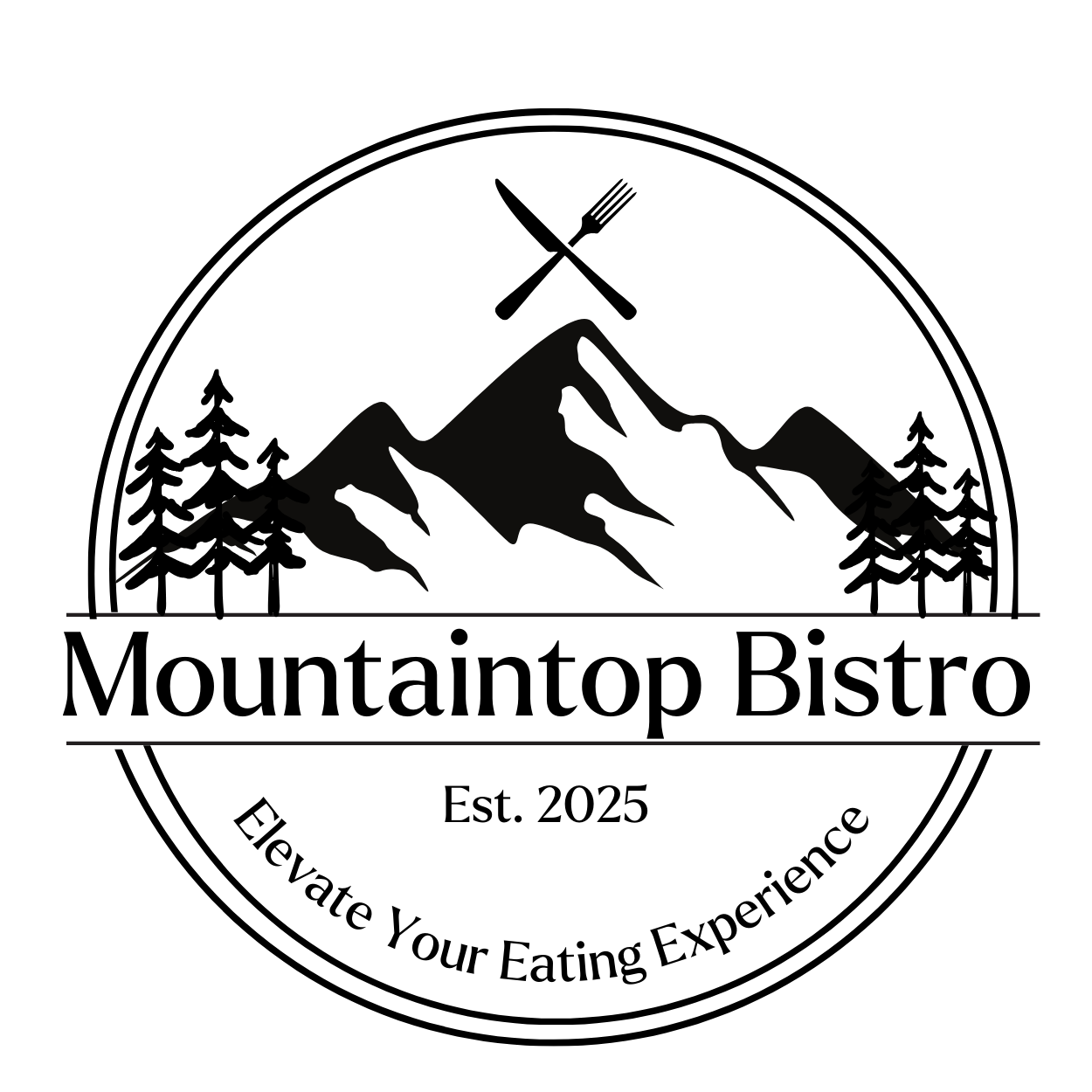 Black circular logo for Mountaintop Bistro featuring a mountain with trees and a fork and knife crossed above it. Text includes