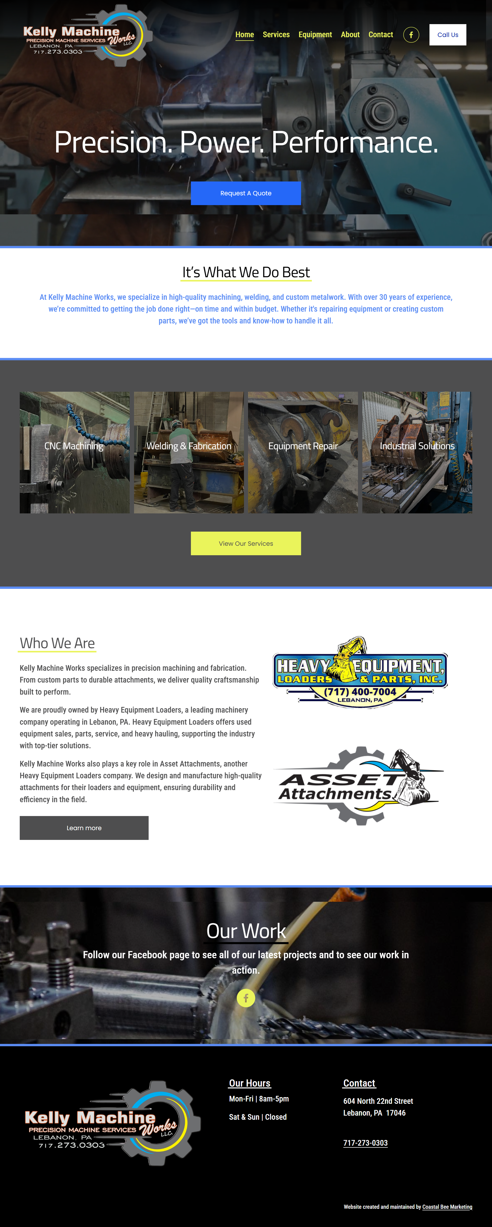 Homepage of Kelly Machine Works, a precision machining and fabrication company, featuring images of machinery, welding, and industrial equipment with navigation menu, contact info, and service sections.