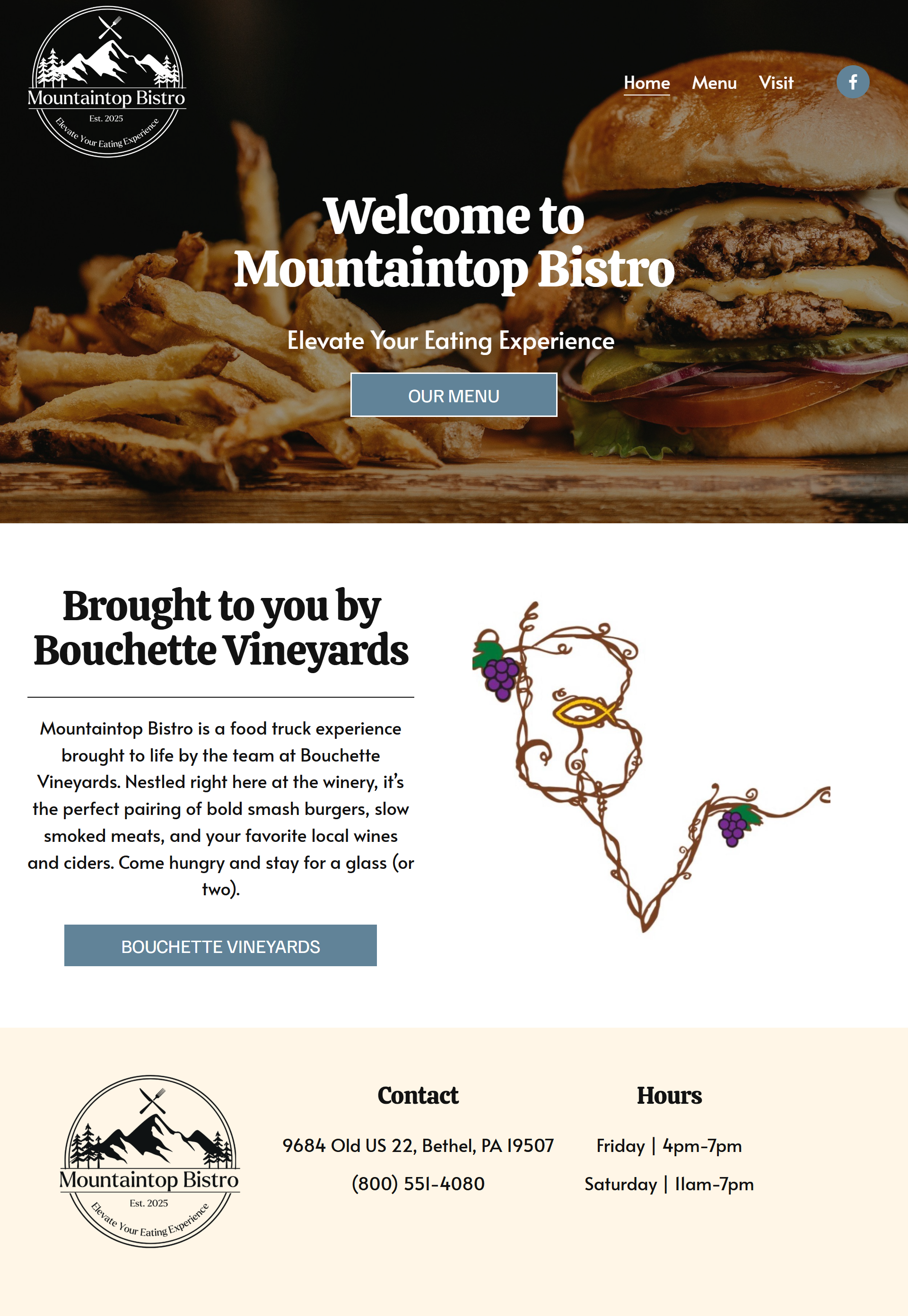 Homepage of Mountaintop Bistro featuring a burger and fries with a logo of mountains, trees, and crossed utensils. Navigation menu at the top right including Home, Menu, and Visit. Welcome message with a call-to-action button for the menu. Section about Brought to you by Bouchette Vineyards with a decorative vine and grape illustration, contact information, address, phone number, and hours of operation.