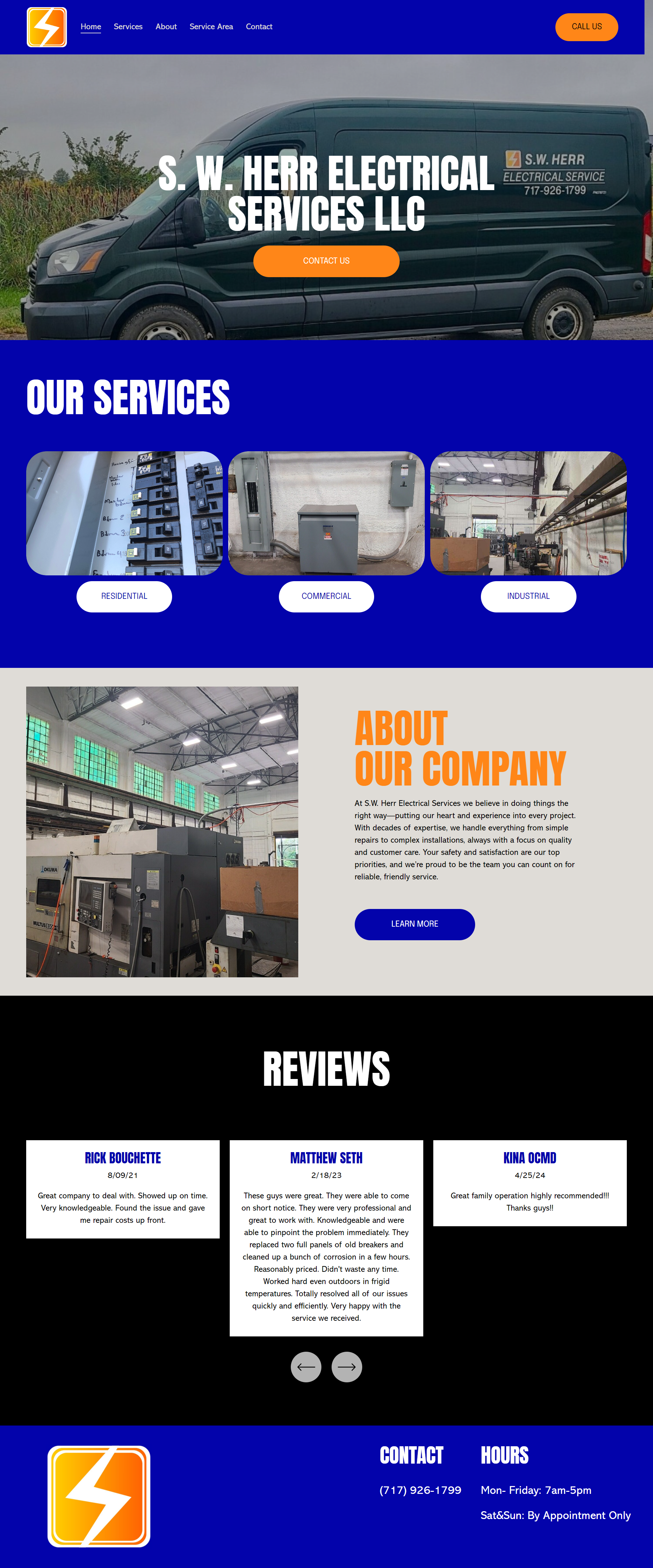 Website homepage for S. W. Herr Electrical Services LLC featuring a black service van with company info, service images, about section, customer reviews, and contact information.