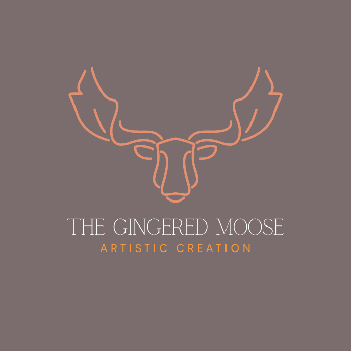 Minimalist line art illustration of a moose's face with the text 'The Gingered Moose Artistic Creation' on a gray background.