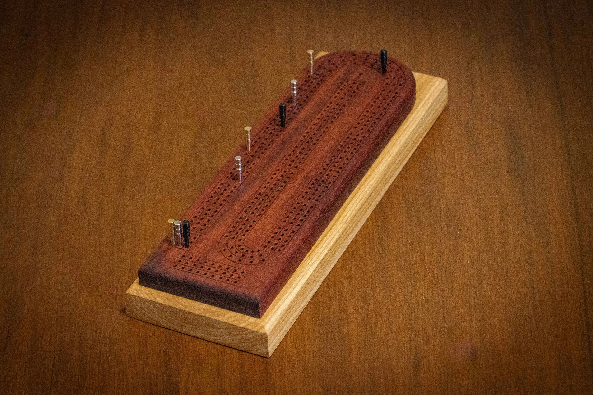Paduk Top on Hickory Base - Cribbage Board