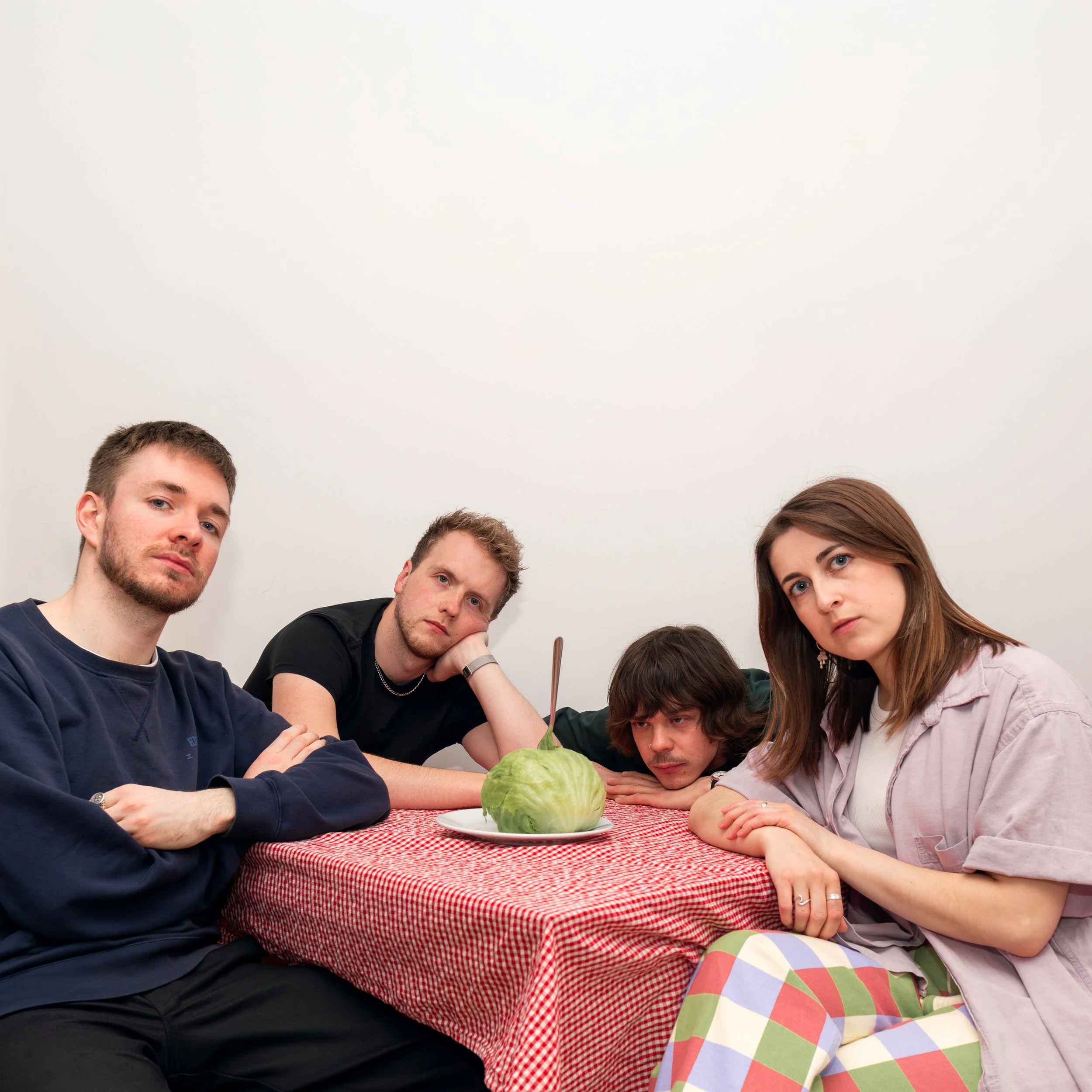 Four band members sat at a dinner table with a forked lettuce in the middle