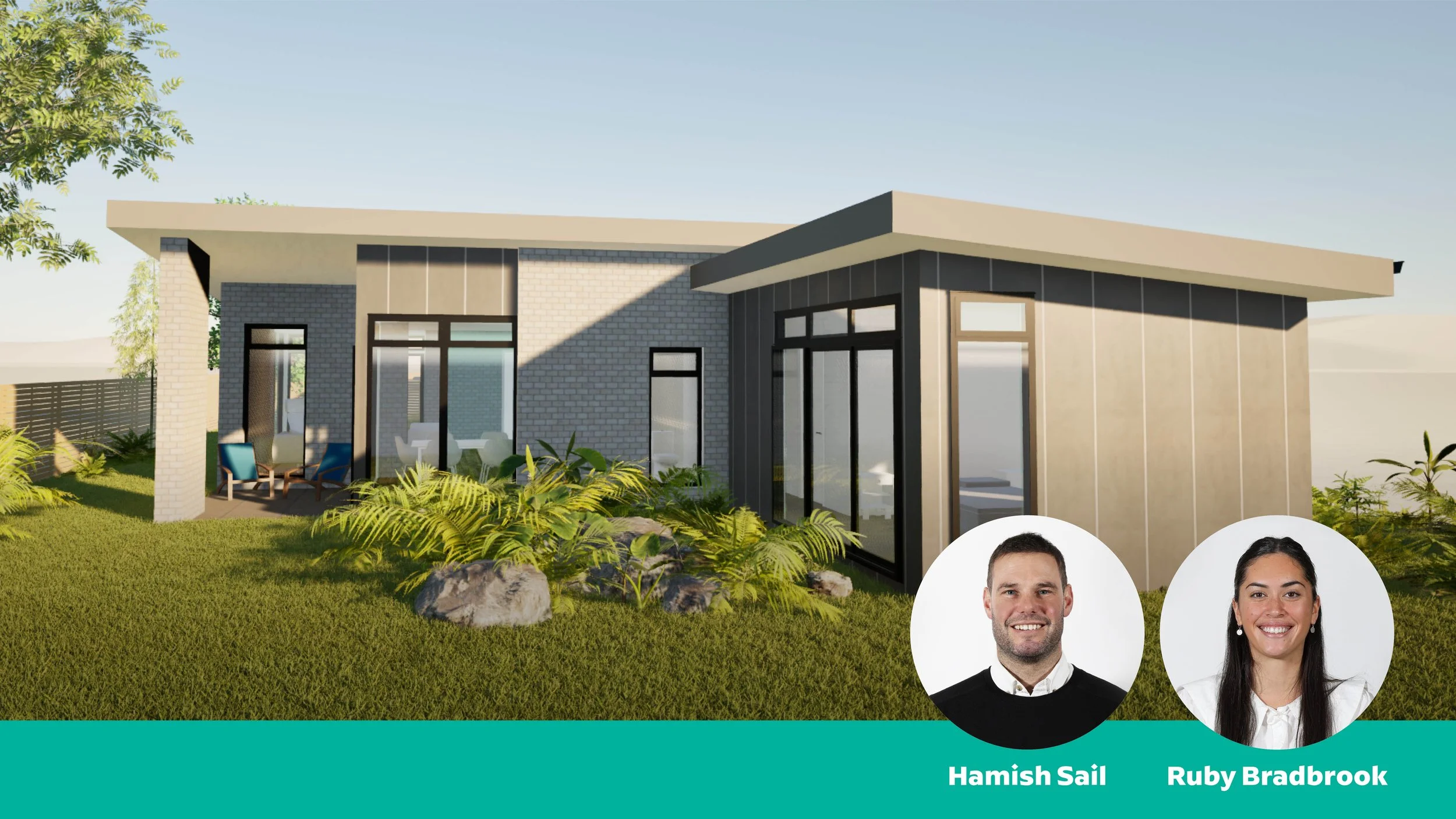 A modern house with large glass windows and a green lawn with plants and rocks in the foreground. In the bottom right corner, there are headshots of two smiling real estate agents, Hamish Sail and Ruby Bradbrook, on a teal background.