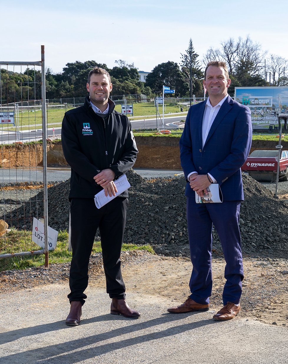 Hamish Sail and Gareth Evans from the Friday Homes and FH Group team at Kenepuru Landing in Porirua.