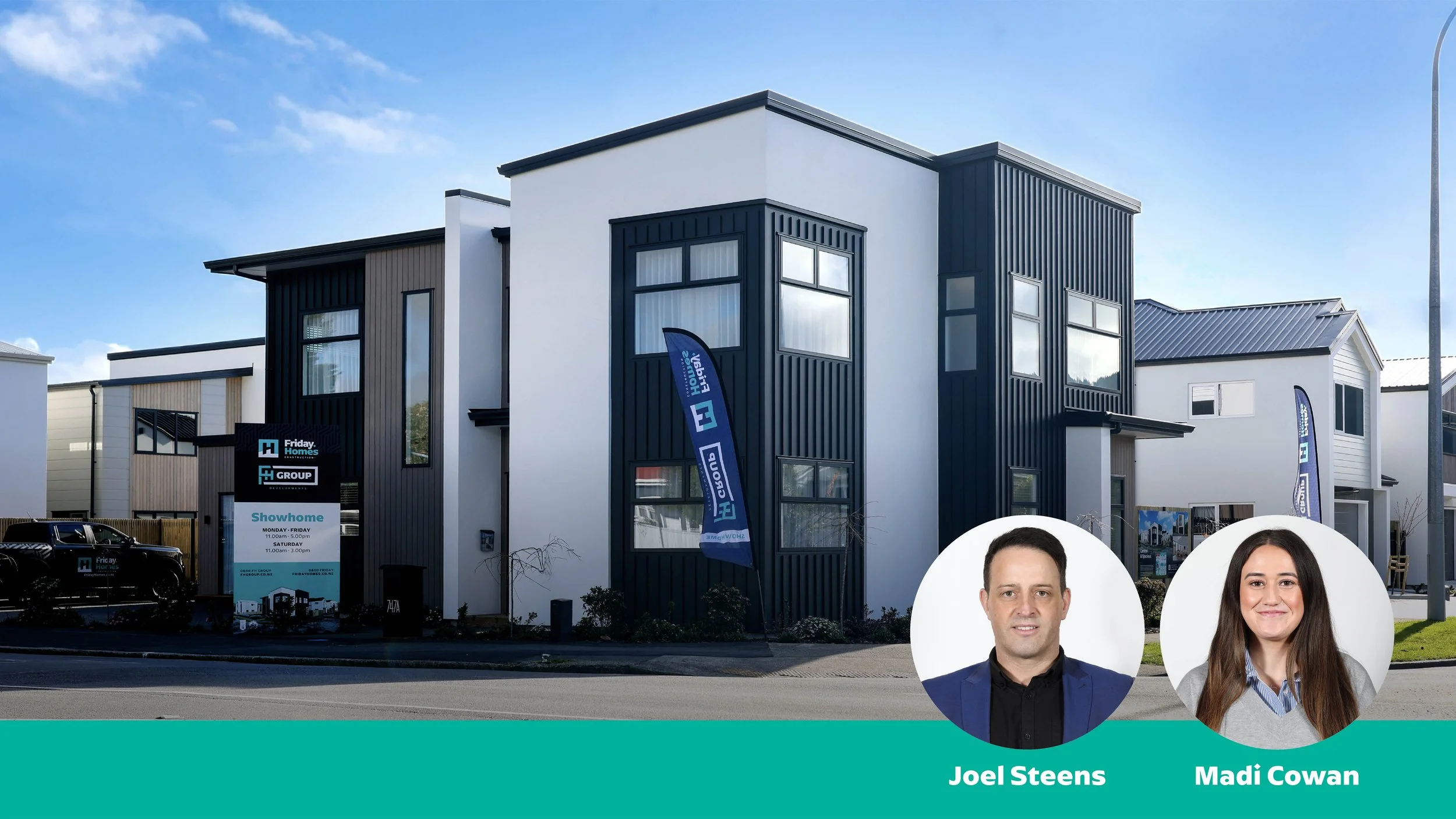 Modern residential houses with a real estate sign and flags, featuring Joel Steens and Madi Cowan in inset circles, advertising a home showroom.