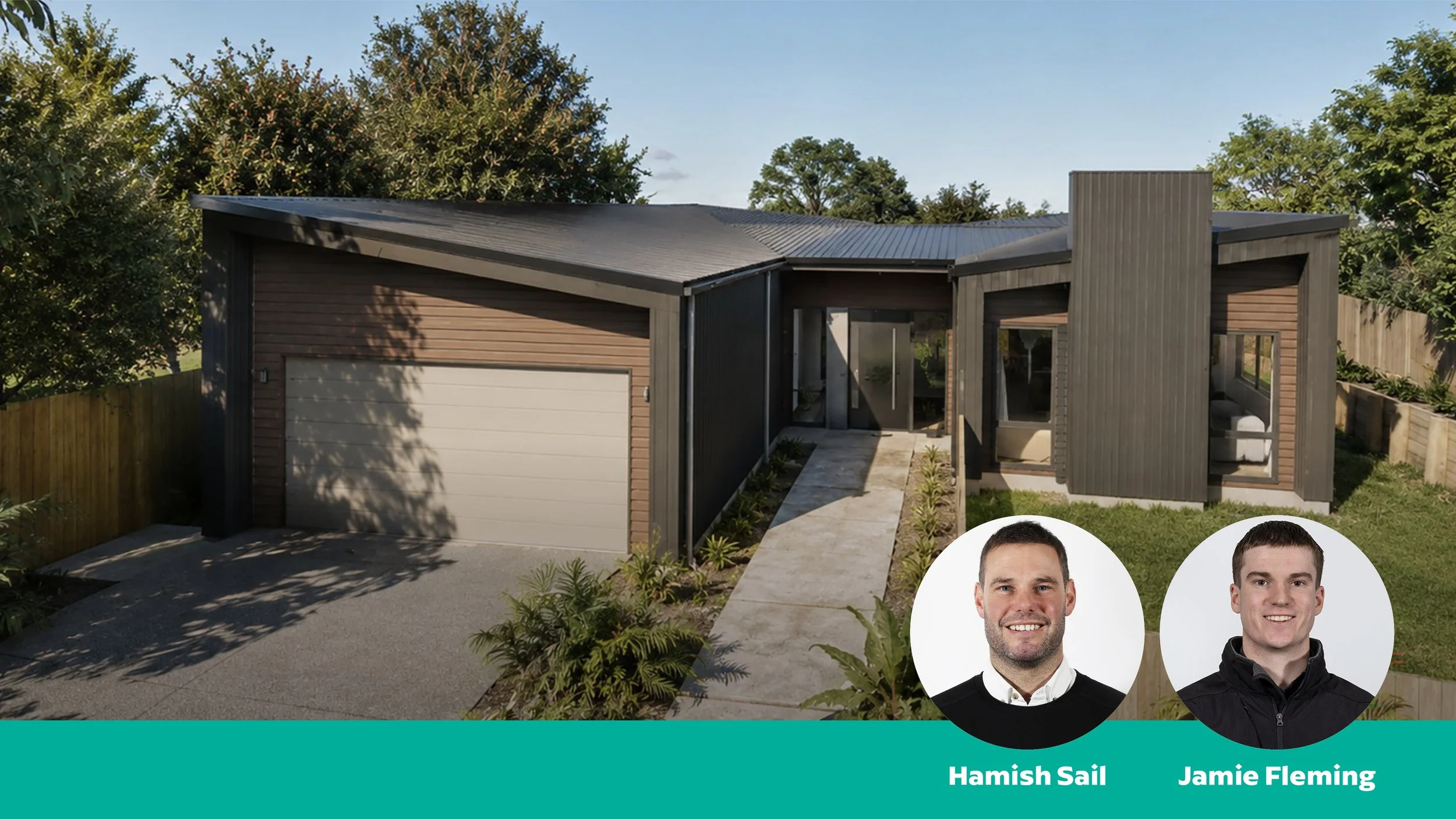 Modern house with wooden and black siding, sloped and flat metal roofing, small pathway, and greenery around, with portrait images of two men labeled Hamish Sail and Jamie Fleming at the bottom.