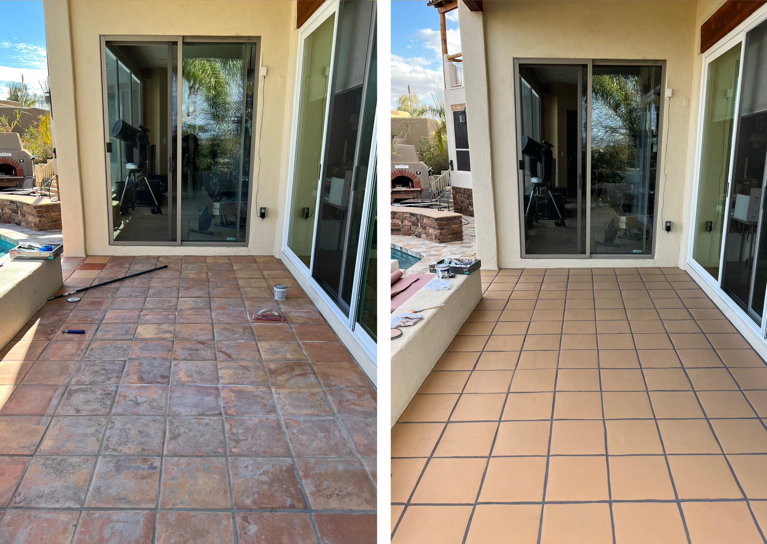 Saltillo floor tile repair and restoration, before and after picture