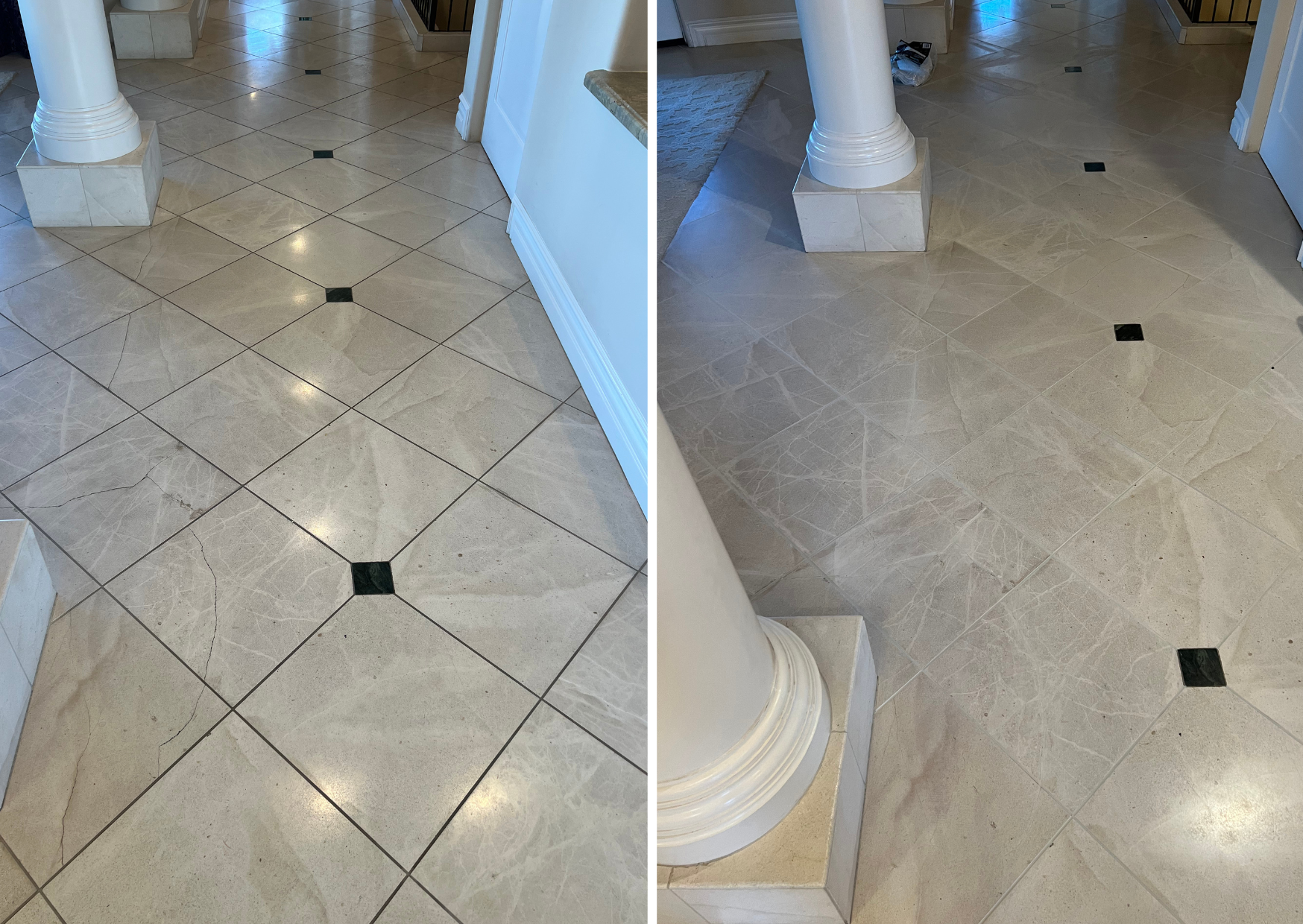 Comparison of tiled floors around a column, showing before (left) and after (right) cleaning or polishing, with beige tiles and black accent tiles.
