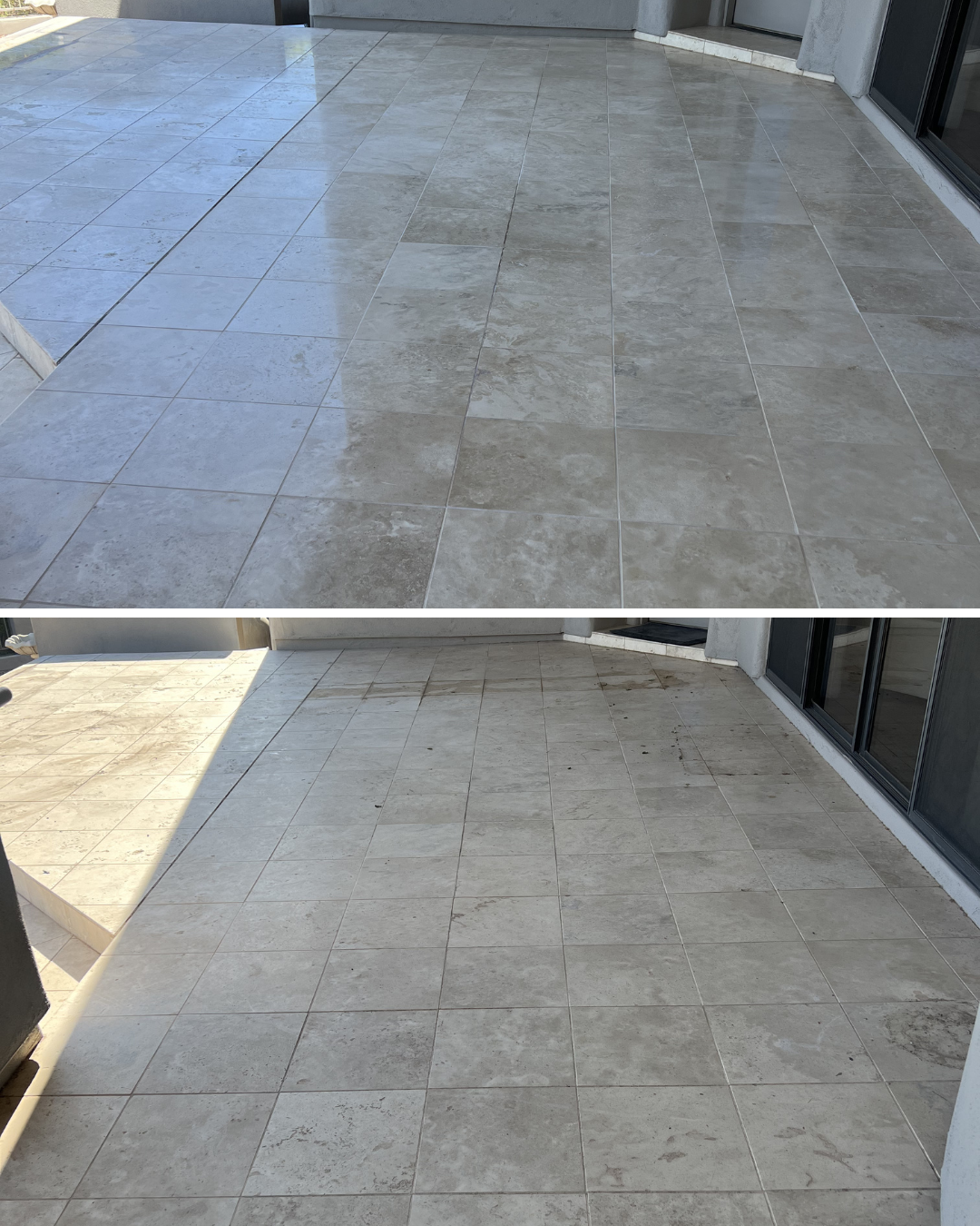 Travertine Outdoor Patio - Dull, worn. Restored to a smooth gloss finish in Phoenix.