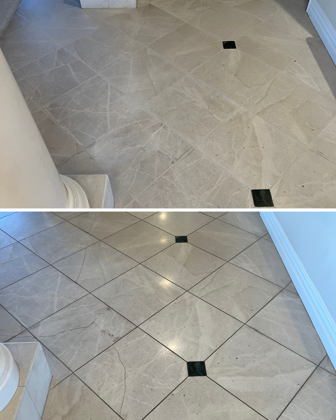 Travertine floor restored in Scottsdale after honing, polishing, and color sealing grout.