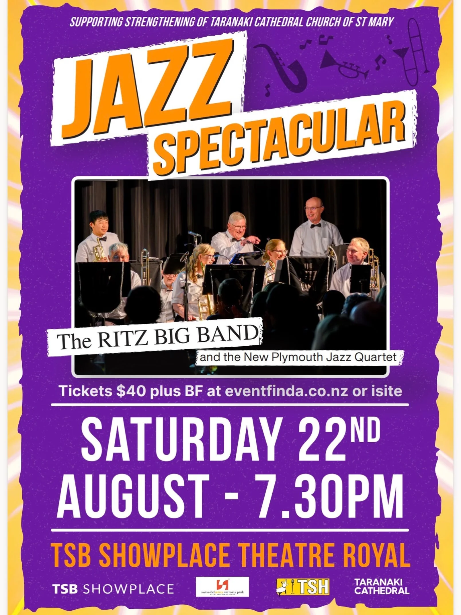 Join us at the TSB Showplace for a spectacular jazz concert fundraising for the strengthening of Taranaki Cathedral Church of St Mary. Tickets via eventfinda.