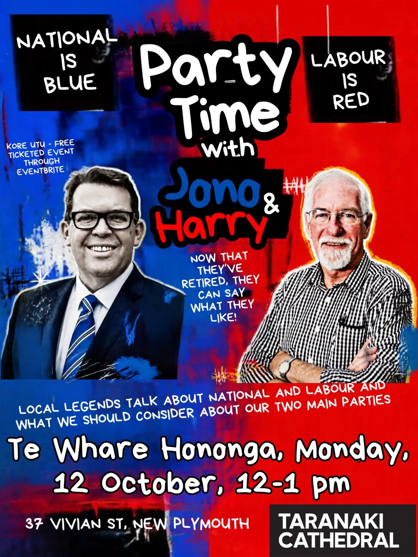Join us in Te Whare Hononga for a 40min political speed chat. Monday 12 October 2026, 12-1pm. Limited tickets.
Former MPs, National&rsquo;s Jonathan Young and Labour&rsquo;s Harry Duynhoven, are local New Plymouth legends. They&rsquo;ve spent years i