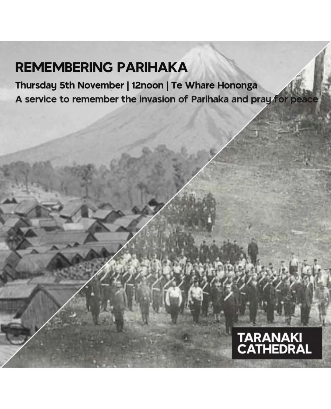 Our annual service to remember Parihaka and pray for peace🕊️ please note the change in venue from the Peace Hall to Te Whare Hononga💒