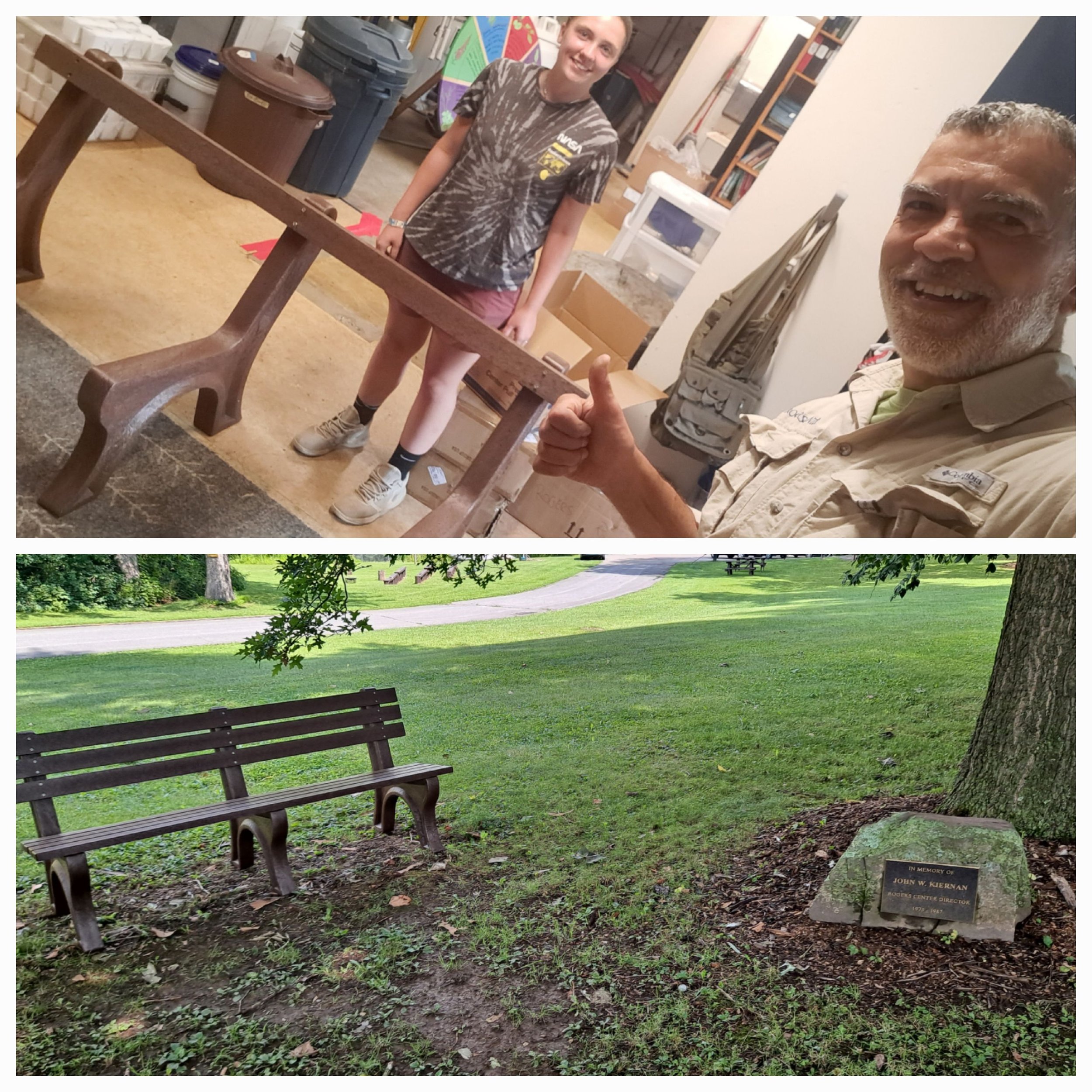 Gil and Emmalee putting together a bench donated by the family of John Kiernan, a former director of Rogers Center.