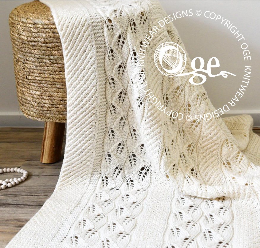 Baby blanket with delicate leaf and bobble panels, sure to become a treasured heirloom - P041