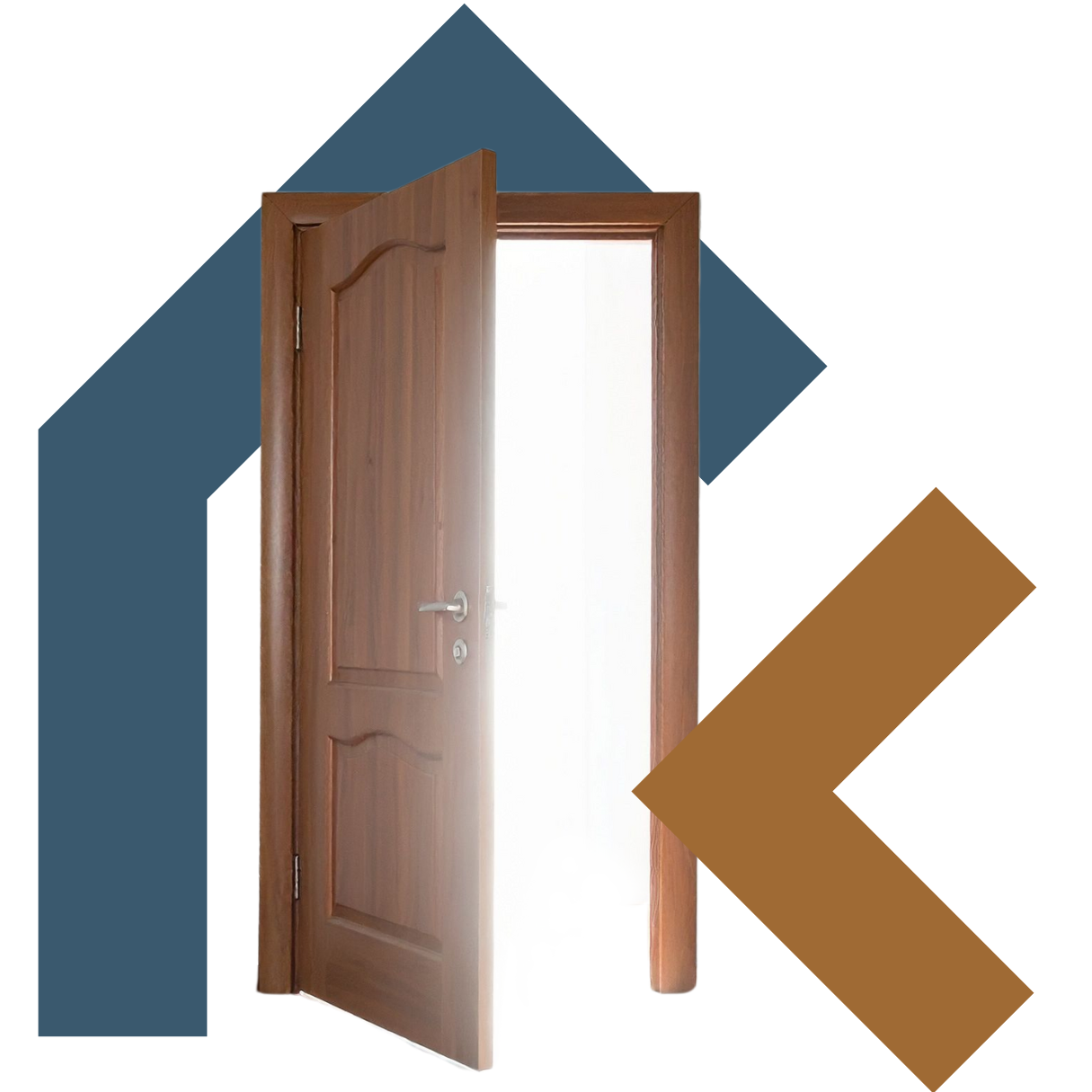 Wooden door partially open, revealing bright light coming from outside.