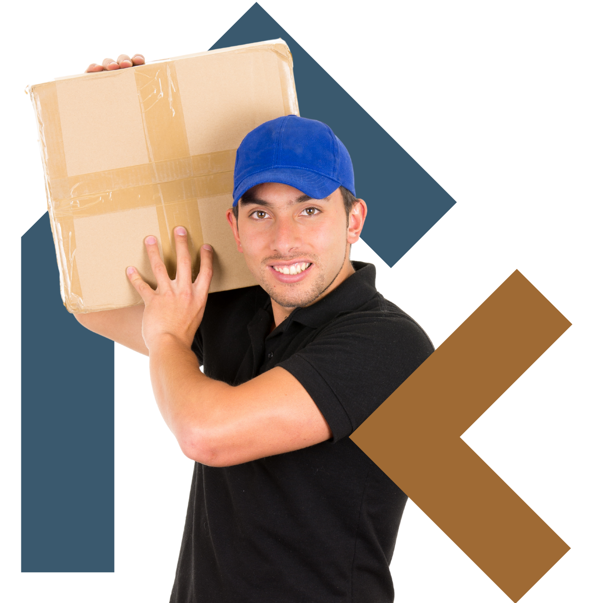 A delivery person wearing a blue cap and black polo shirt smiling while holding a cardboard box on his shoulder.