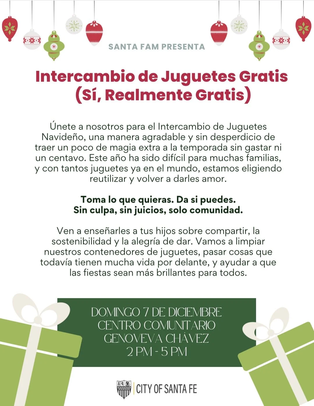 This Sunday!!! Free pizza from @dionspizza 

Spend this week cleaning out your toy bins and join us at Santa Fam&rsquo;s Toy Swap Sunday, Dec 7 at The Chavez Center! 

🎁 Bring clean, gently loved toys and children&rsquo;s items that you&rsquo;re com