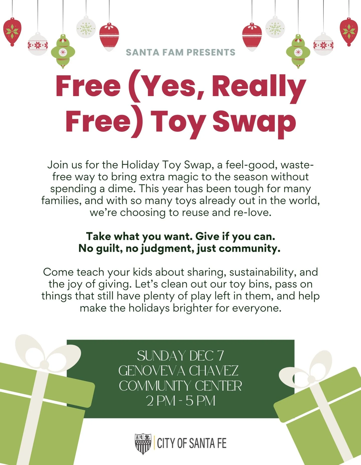 Hey friends, if you&rsquo;re like me and the budget is pretty tight this year, come to Santa Fam&rsquo;s Toy Swap Sunday, Dec 7 at The Chavez Center! 

Bring toys that are gently loved that you&rsquo;re comfortable gifting, and snag a few items for y
