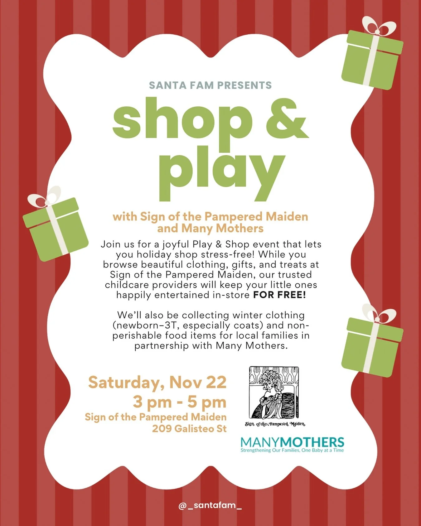 Join us for a joyful Play &amp; Shop event that lets you holiday shop stress-free! While you browse beautiful clothing, gifts, and treats at Sign of the Pampered Maiden, our trusted childcare providers will keep your little ones happily entertained i