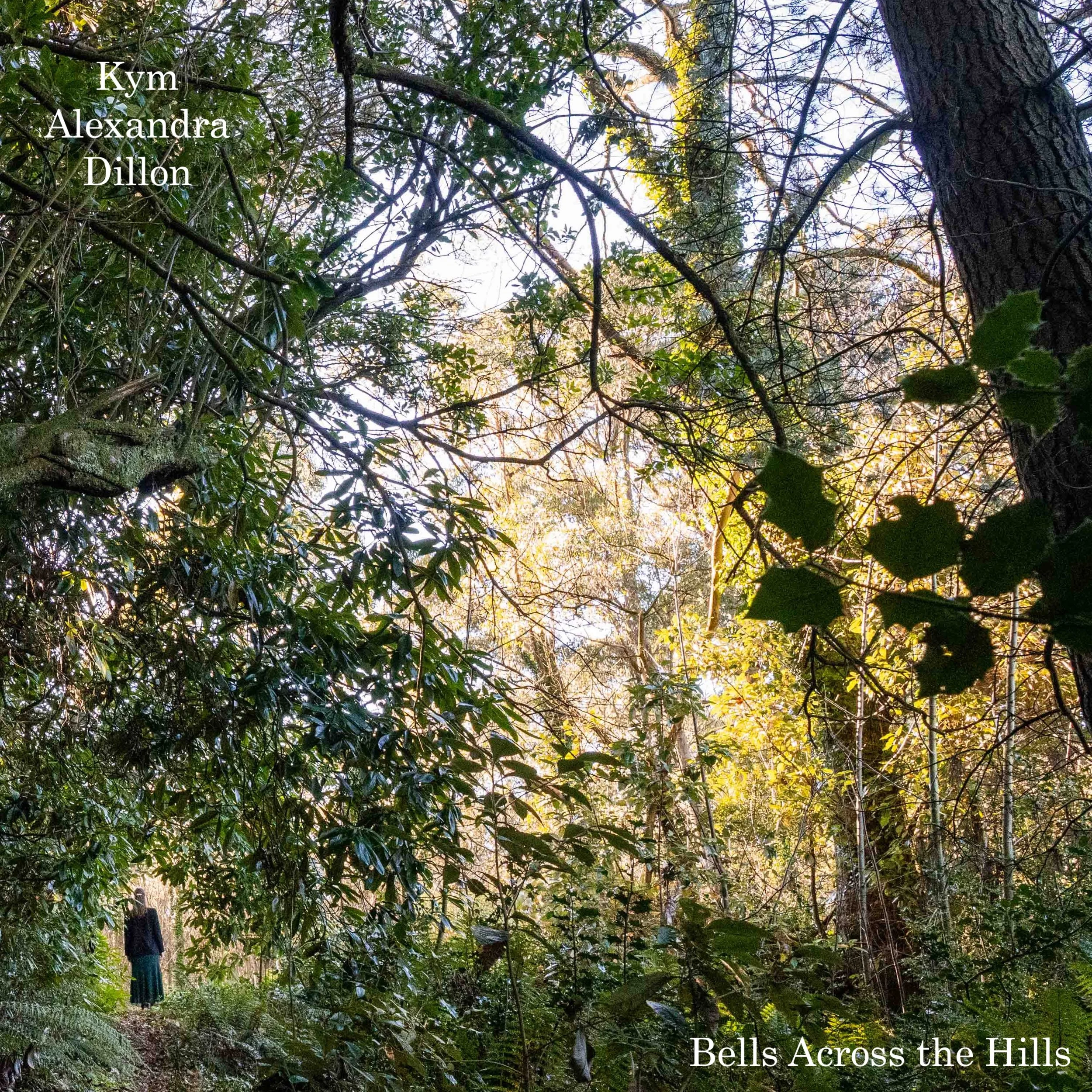 A woman wanders in an Australian forest, surrounded by shaded trees. Her hair is long. She wears a black coat and green skirt.