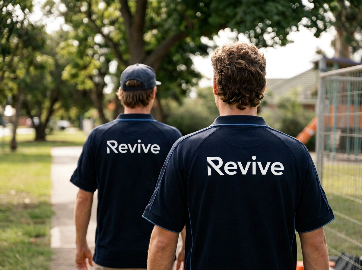 Two men walking outdoors on a sidewalk, wearing navy blue shirts with 'Revive' printed on the back, surrounded by trees and greenery.