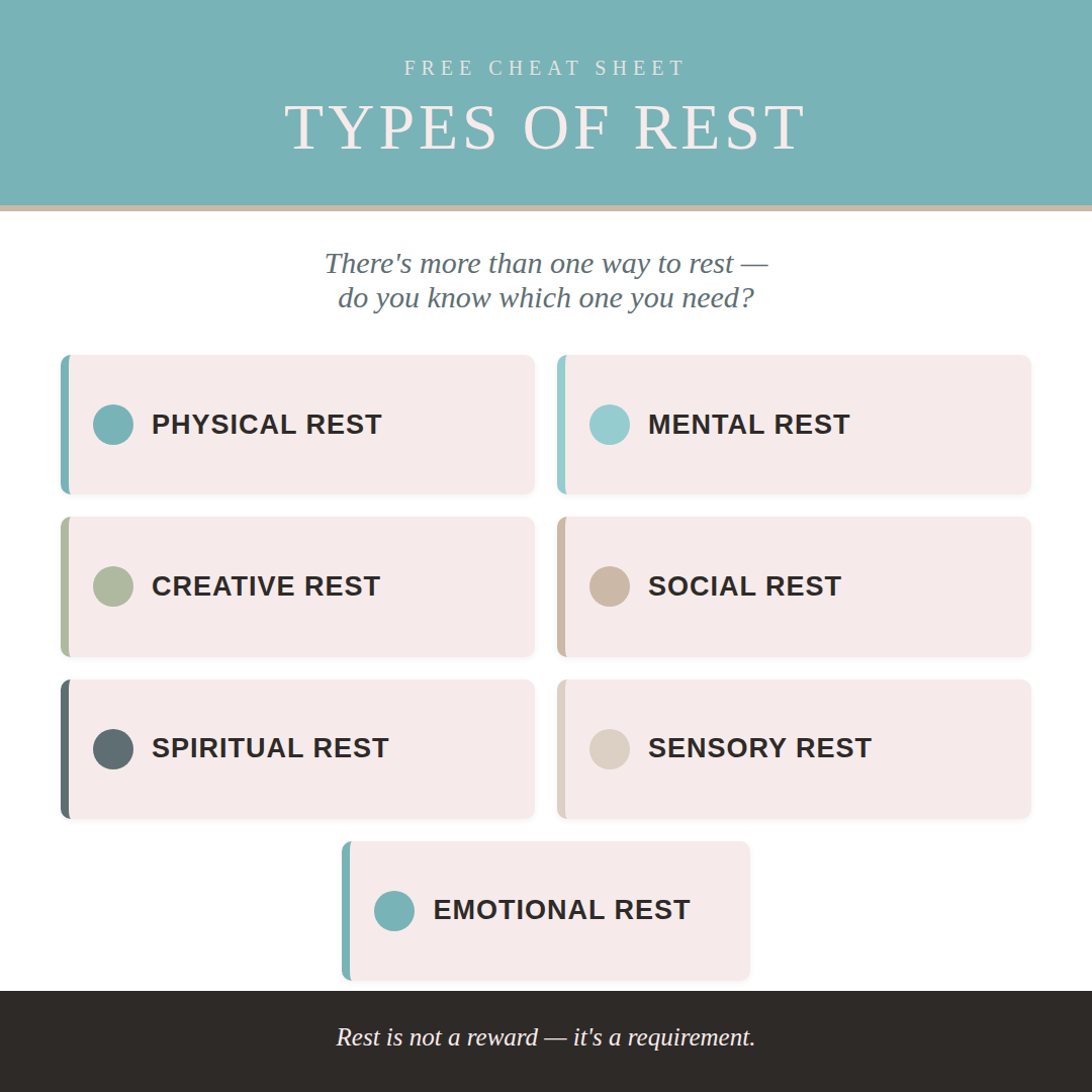 Infographic with a list of different types of rest, including physical, mental, creative, social, spiritual, sensory, emotional, and more, with colorful labels and a quote about rest.