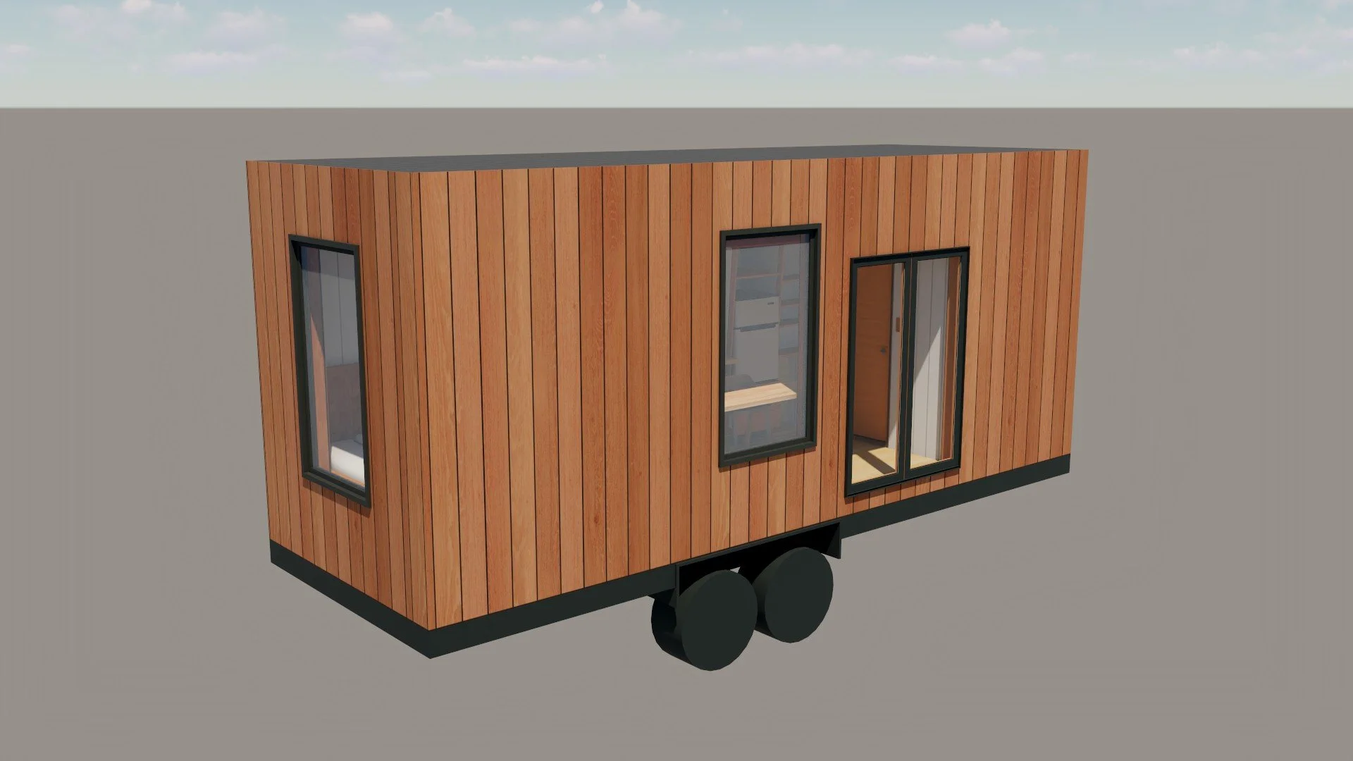 HONE Basic tiny home render, modern tiny home with wood siding