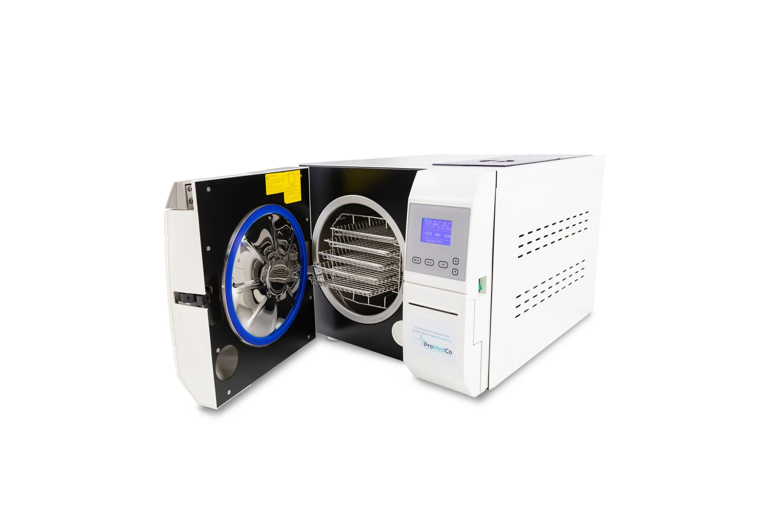 ProMedCo 12-22L Autoclave open door 5 graduated trays.jpg