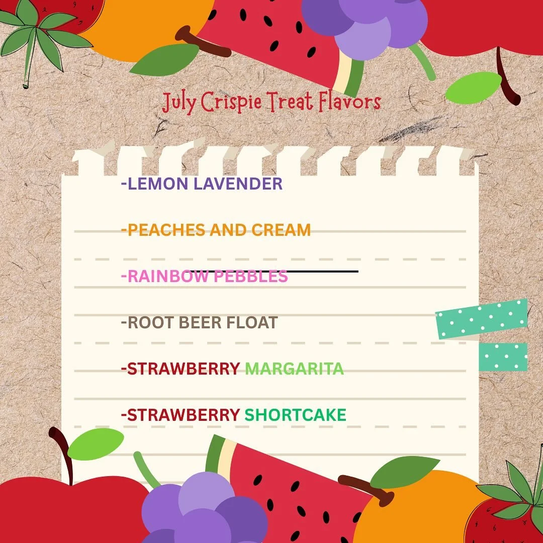 Featuring the flavors of favorite summertime treats in a rice crispie treat! 

Finally made it to July!! A huge thank you for loving strawberries in June and keeping us super busy.  Worth every second of busting our tails!

#ricekrispietreats #madein