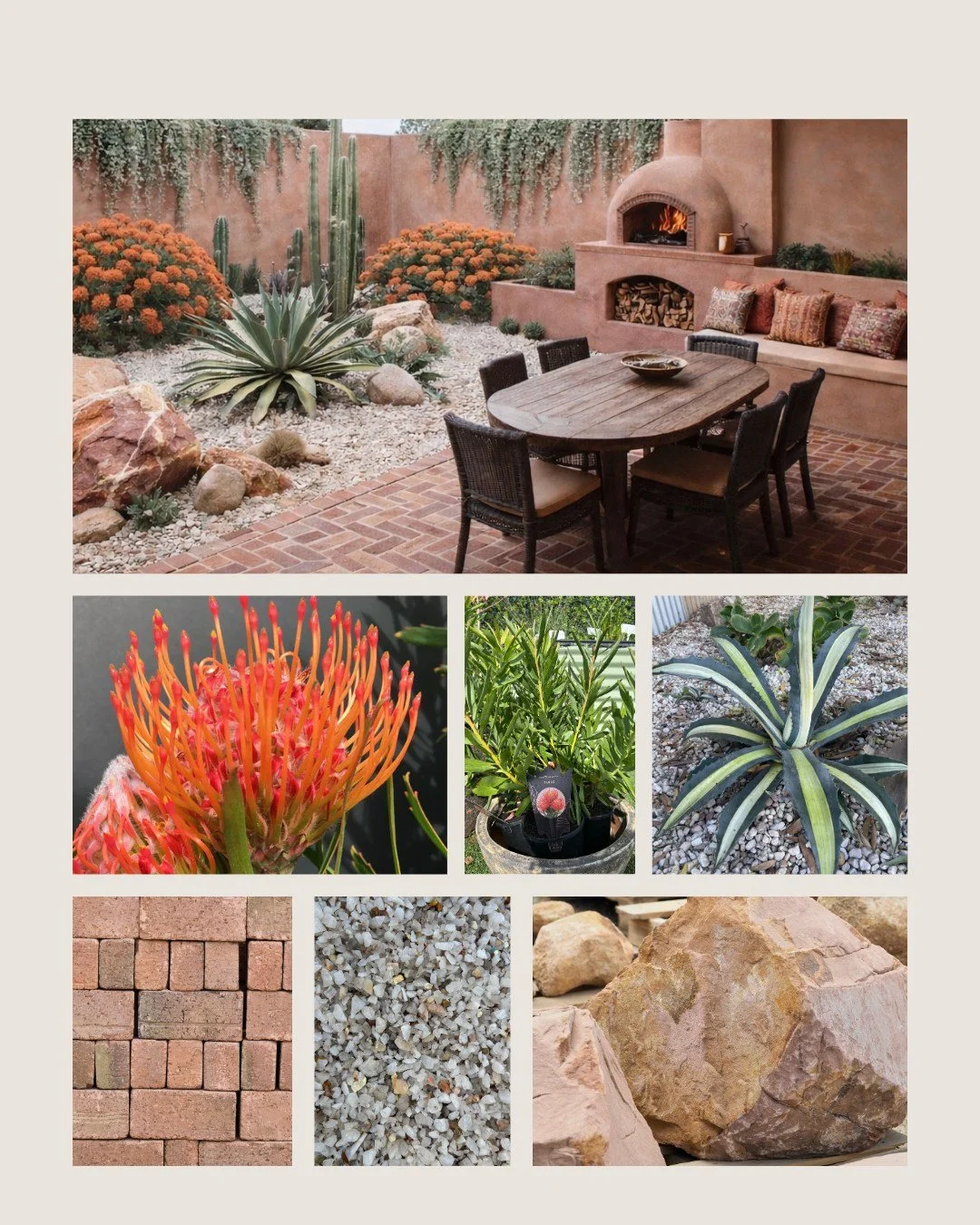 Santa Fe says &ldquo;HEY 👋 😎&rdquo;, this design concept includes our Heritage red brick as paving, Bonnie rock gravel, Feature Pink Stirling Sandstone, Tango Protea Leptospermum and Variegated Agave&hellip;.ALL IN STOCK!