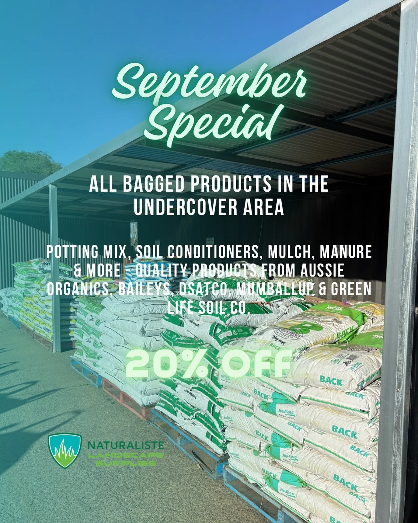 It&rsquo;s time to crack on with all those Spring jobs in the garden, and to help you out our bagged products in the undercover area are 20% off.  Includes a great range of potting mixes, manures, soil conditioners and mulches from quality suppliers.