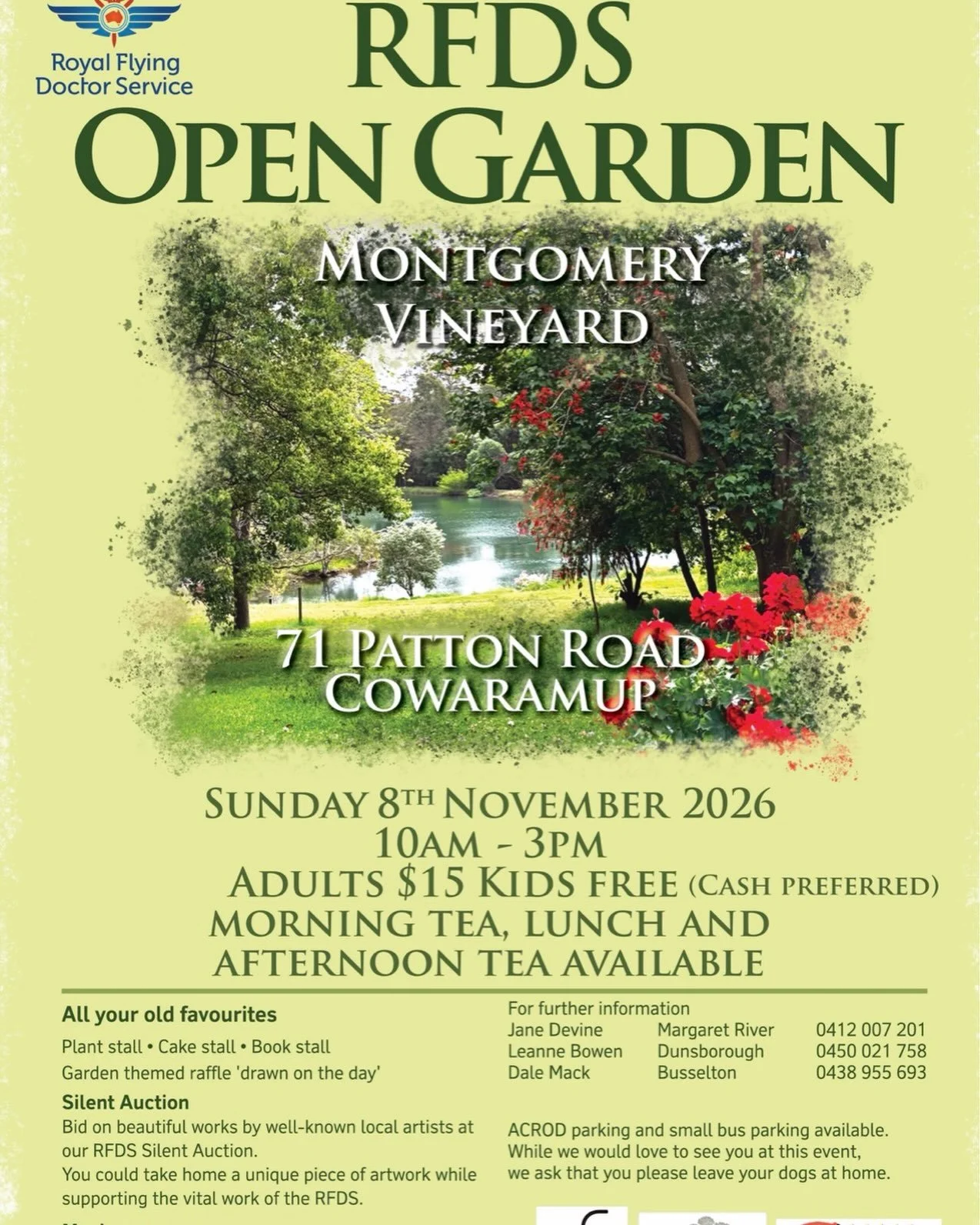 RFDS Open Garden event is happening on Sunday 8th November at Montgomery Vineyard in Cowaramup.  A great event for a great cause.  Put it in the calendar and support the Busselton Fundraising team to raise money for the Royal Flying Doctor Service. #