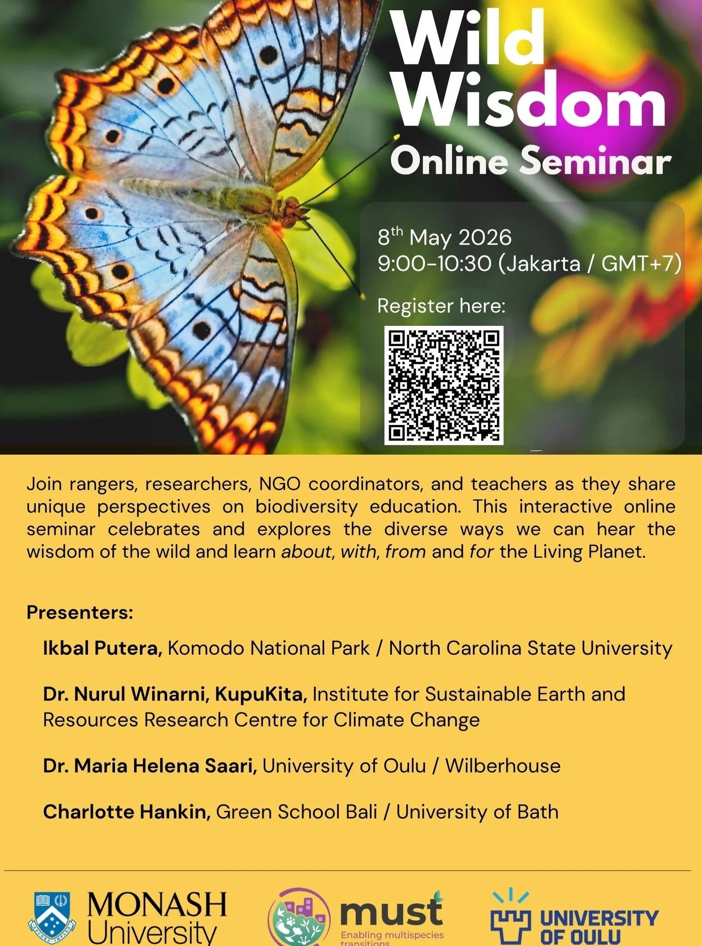 Join us for the Wild Wisdom Seminar!

Join rangers, researchers, NGO coordinators, and teachers as they share unique perspectives on biodiversity education. This interactive online seminar celebrates and explores the diverse ways we can hear the wisd